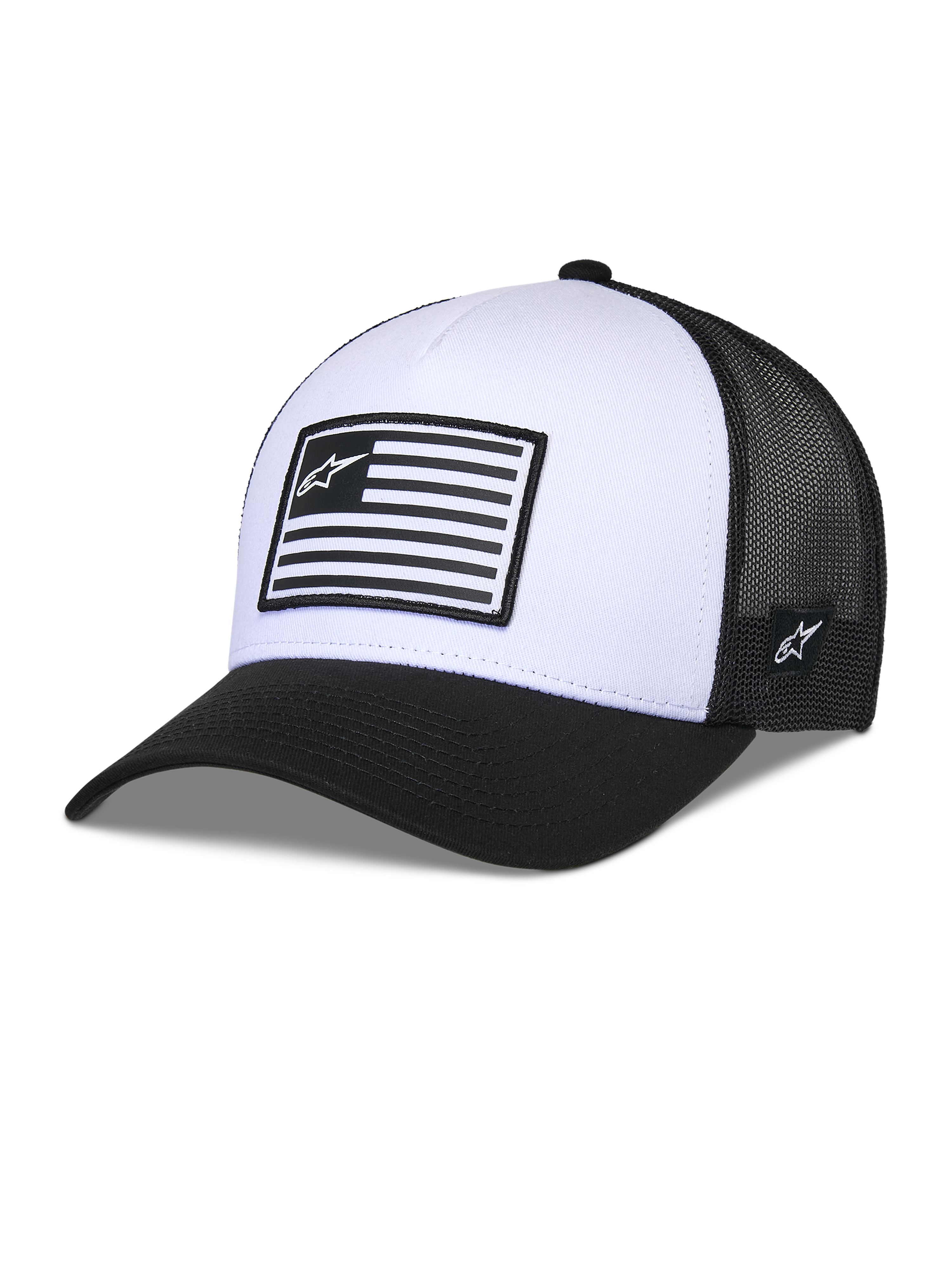 Alpinestars Flag Snapback Hat, bianco e nero, corona strutturata con visiera curva, pannello frontale bianco e retro in mesh nero, con patch rettangolare con logo stile bandiera, copricapo casual ispirato al motorsport
