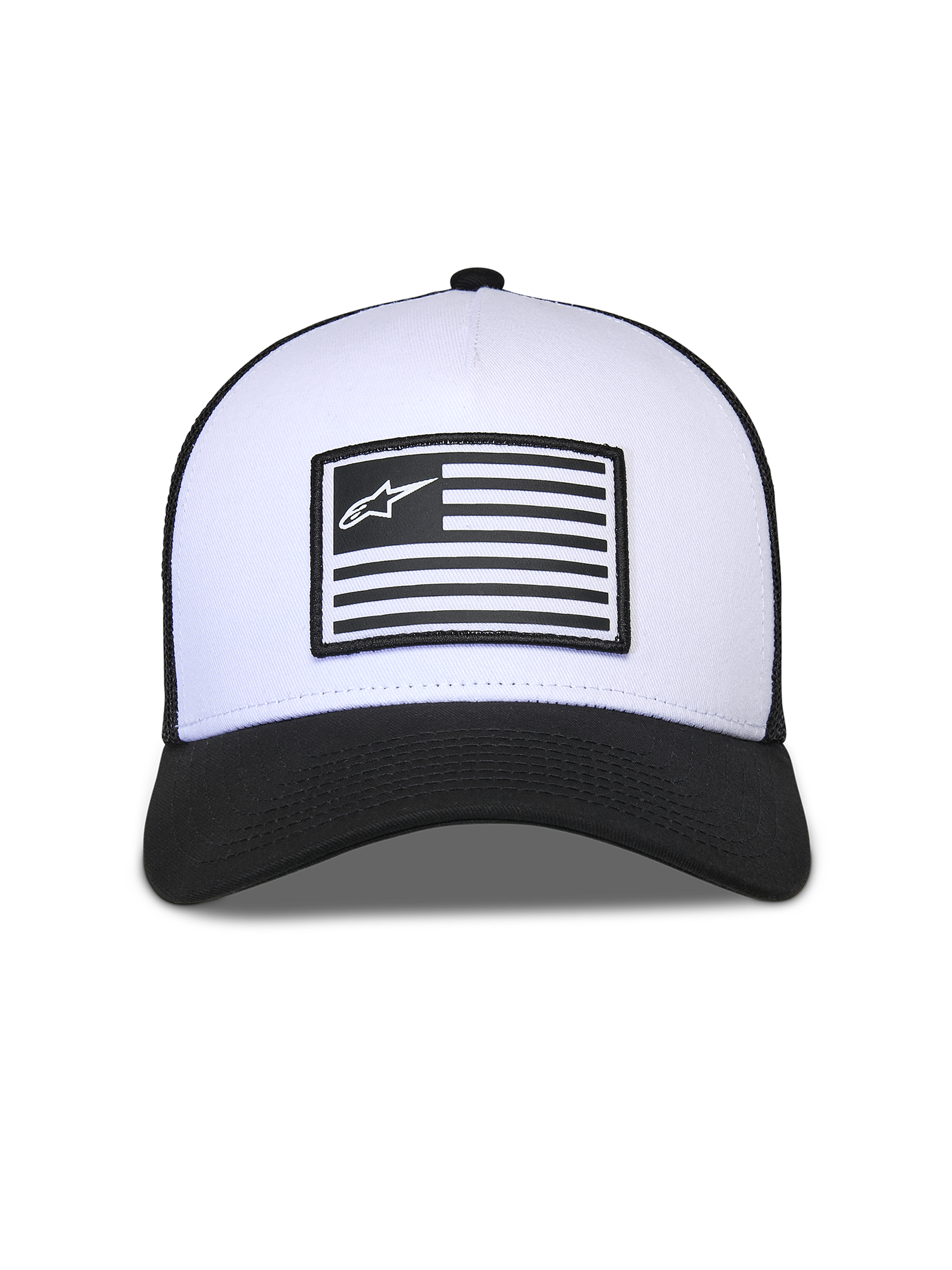 Cappello Snapback Flag Alpinestars, bianco e nero, corona bianca strutturata con visiera curva nera e retro in rete, patch centrale a bandiera con logo Alpinestars, accessorio casual ispirato al motorsport