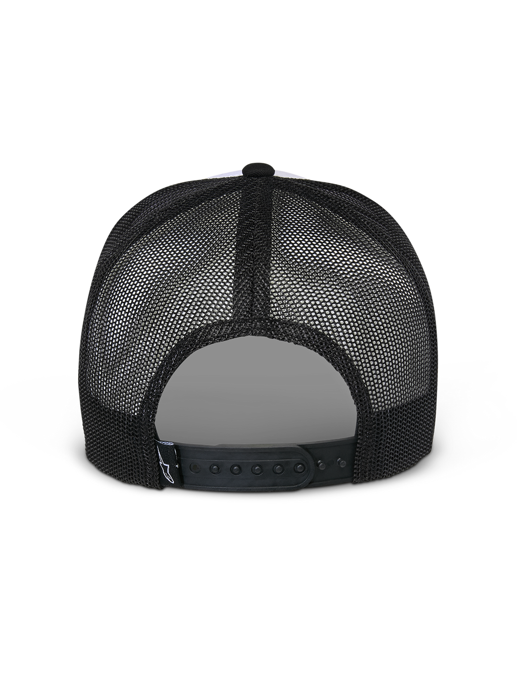 Cappello Snapback Flag Alpinestars, bianco e nero, vista posteriore con pannelli in rete nera e chiusura snapback regolabile, copricapo casual da motorsport