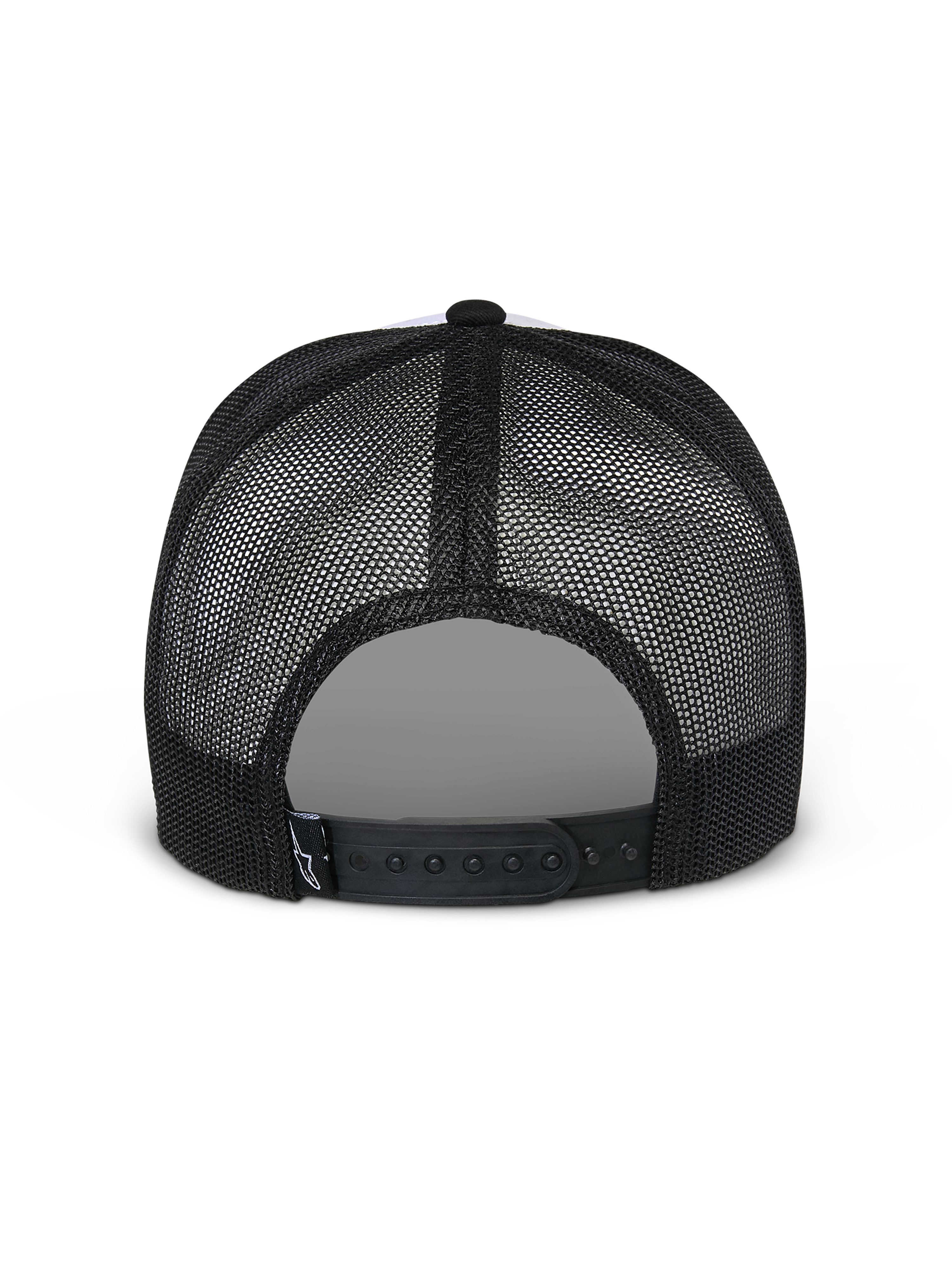 Cappello Snapback Flag Alpinestars, bianco e nero, vista posteriore con pannelli in rete nera e chiusura snapback regolabile, copricapo casual da motorsport