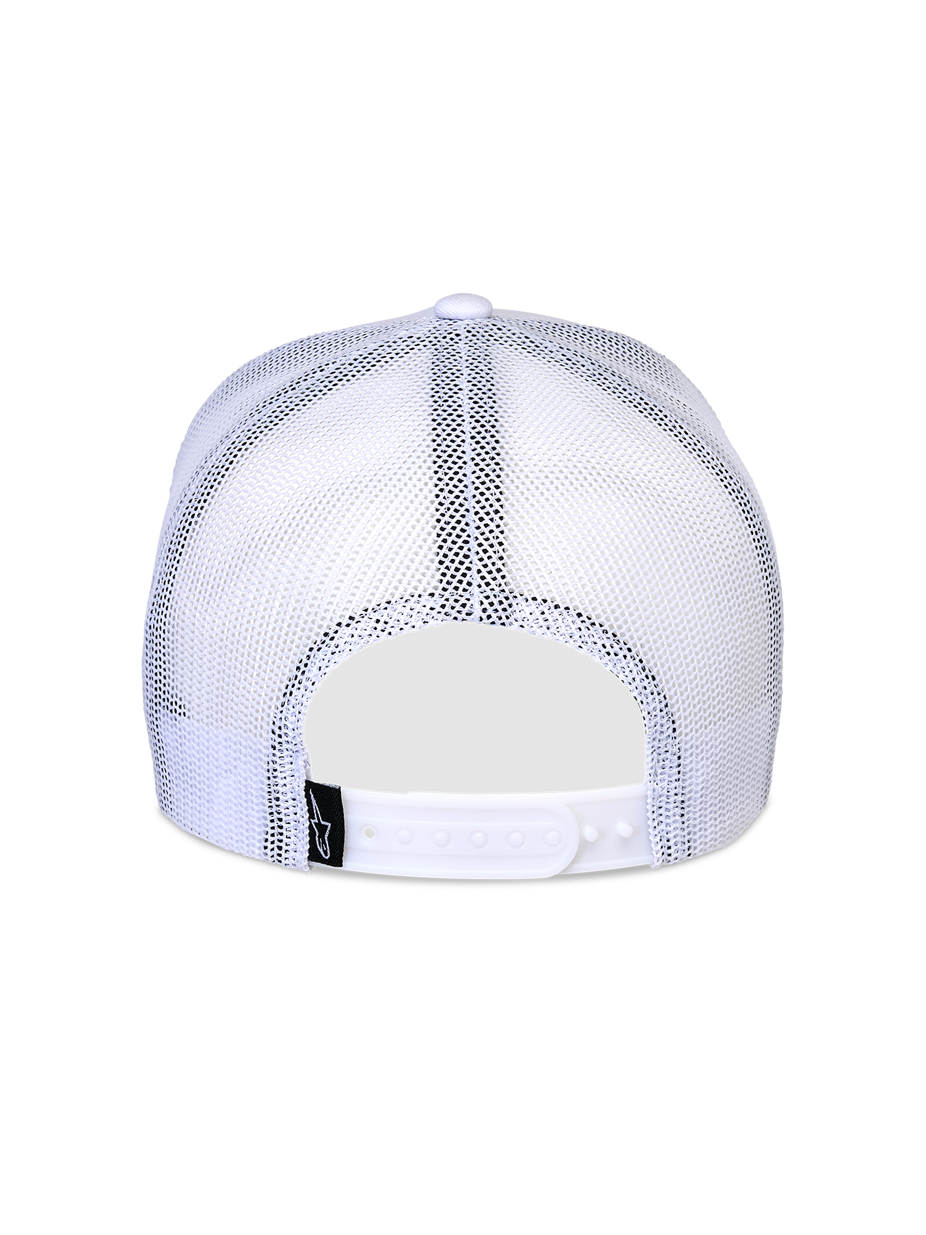 Cappello Snapback Flag Alpinestars, bianco, vista posteriore con pannelli in rete bianca traspirante, chiusura snapback regolabile e piccola etichetta con logo nero, design classico da cappello trucker
