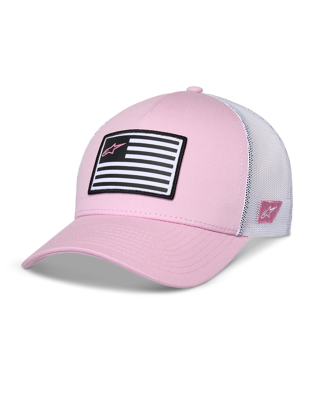 Cappello Alpinestars Flag Snapback, rosa e bianco, visiera curva con corona strutturata, parte frontale in twill con retro in mesh bianco, con patch a bandiera in bianco e nero e logo Astars rosa, abbigliamento sportivo casual ispirato al motorsport