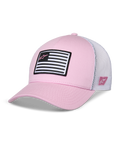 Cappello Alpinestars Flag Snapback, rosa e bianco, visiera curva con corona strutturata, parte frontale in twill con retro in mesh bianco, con patch a bandiera in bianco e nero e logo Astars rosa, abbigliamento sportivo casual ispirato al motorsport