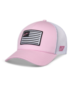 Cappello Alpinestars Flag Snapback, rosa e bianco, visiera curva con corona strutturata, parte frontale in twill con retro in mesh bianco, con patch a bandiera in bianco e nero e logo Astars rosa, abbigliamento sportivo casual ispirato al motorsport