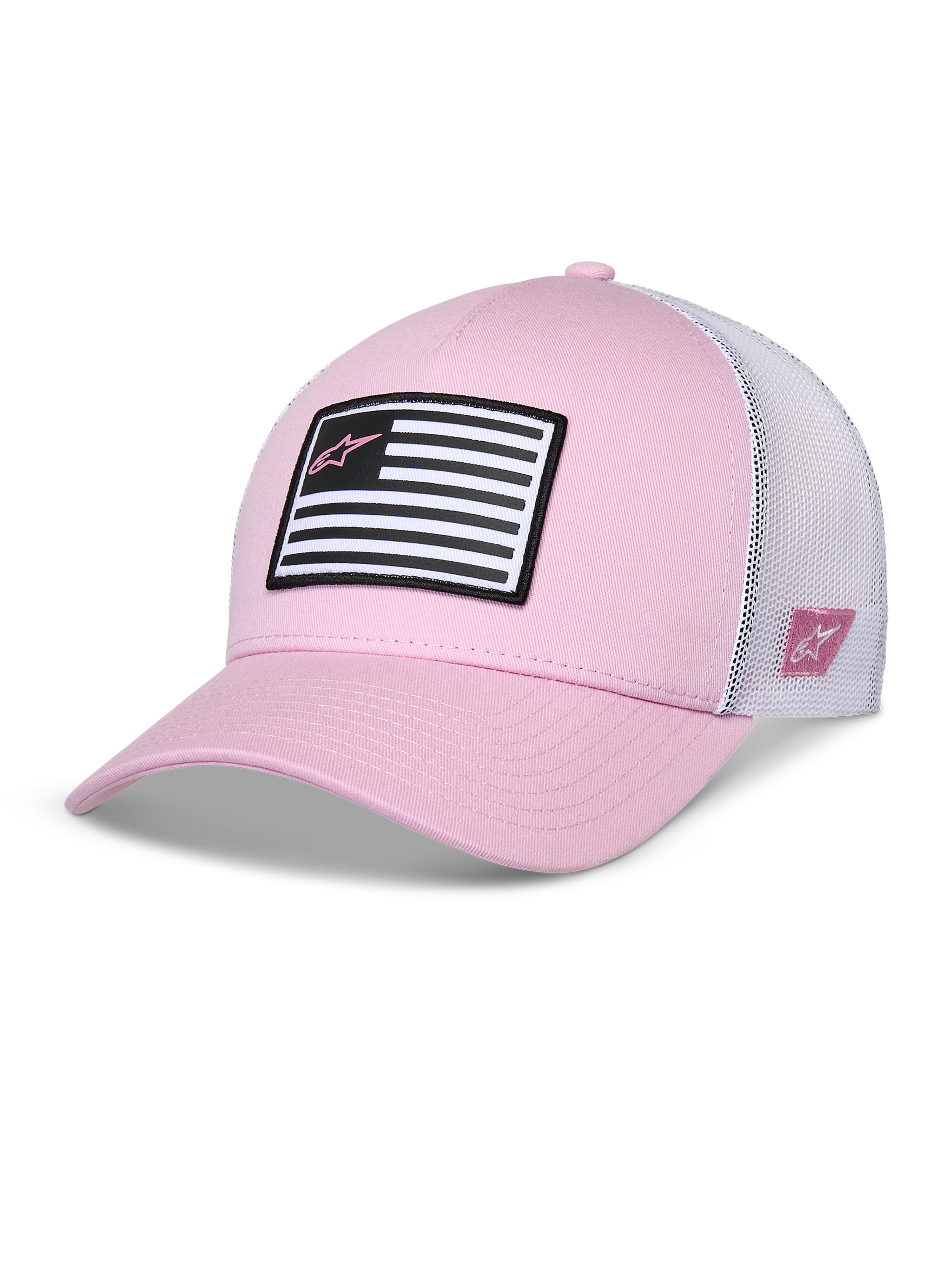 Cappello Alpinestars Flag Snapback, rosa e bianco, visiera curva con corona strutturata, parte frontale in twill con retro in mesh bianco, con patch a bandiera in bianco e nero e logo Astars rosa, abbigliamento sportivo casual ispirato al motorsport