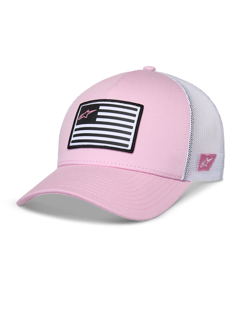 Cappello Alpinestars Flag Snapback, rosa e bianco, visiera curva con corona strutturata, parte frontale in twill con retro in mesh bianco, con patch a bandiera in bianco e nero e logo Astars rosa, abbigliamento sportivo casual ispirato al motorsport