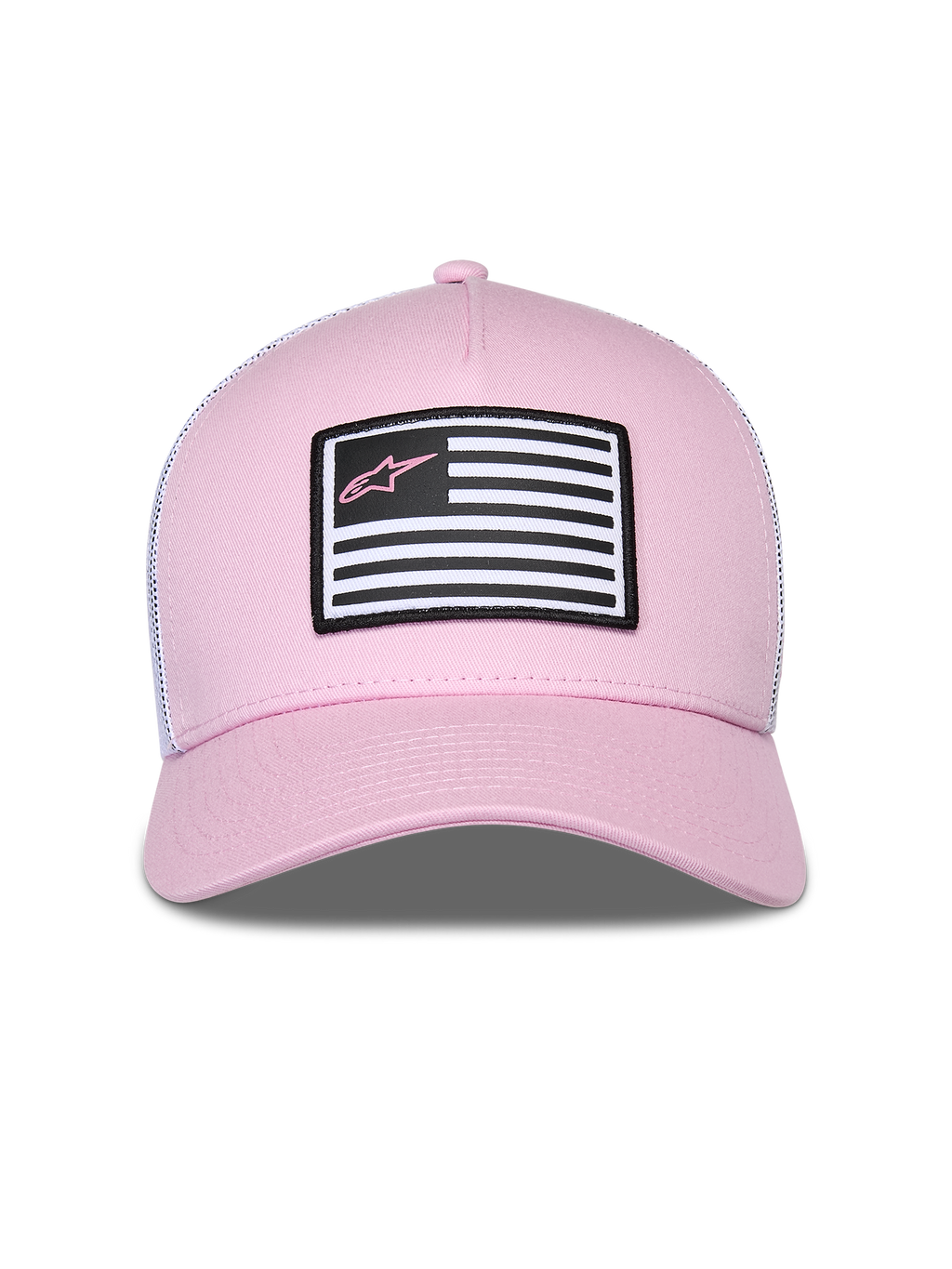 Cappello Alpinestars Flag Snapback, rosa e bianco, con parte anteriore in twill rosa e retro in mesh bianco, visiera curva, patch frontale con design a bandiera e logo Astars rosa, streetwear casual motorsport