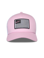 Cappello Alpinestars Flag Snapback, rosa e bianco, con parte anteriore in twill rosa e retro in mesh bianco, visiera curva, patch frontale con design a bandiera e logo Astars rosa, streetwear casual motorsport