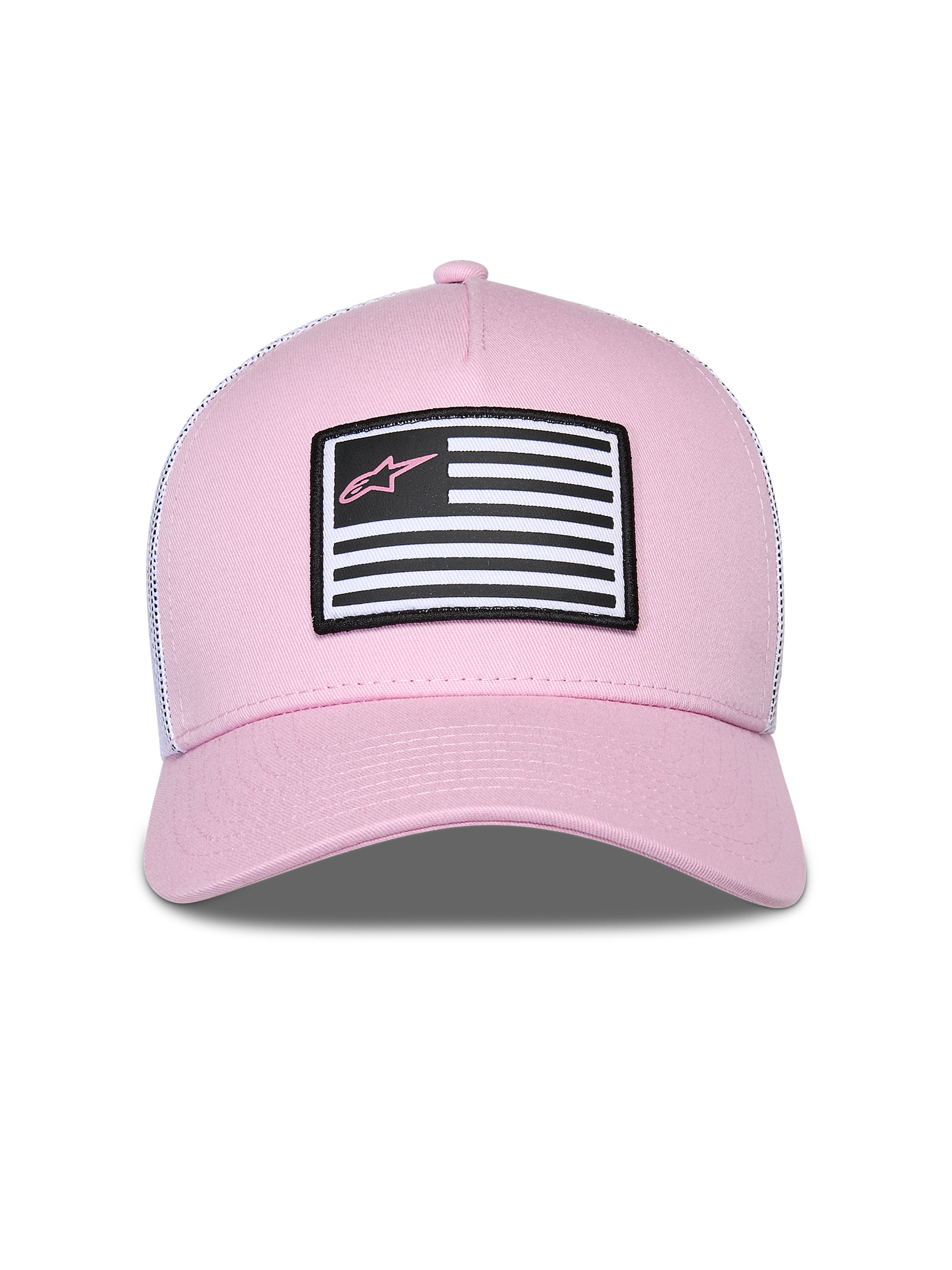 Cappello Alpinestars Flag Snapback, rosa e bianco, con parte anteriore in twill rosa e retro in mesh bianco, visiera curva, patch frontale con design a bandiera e logo Astars rosa, streetwear casual motorsport