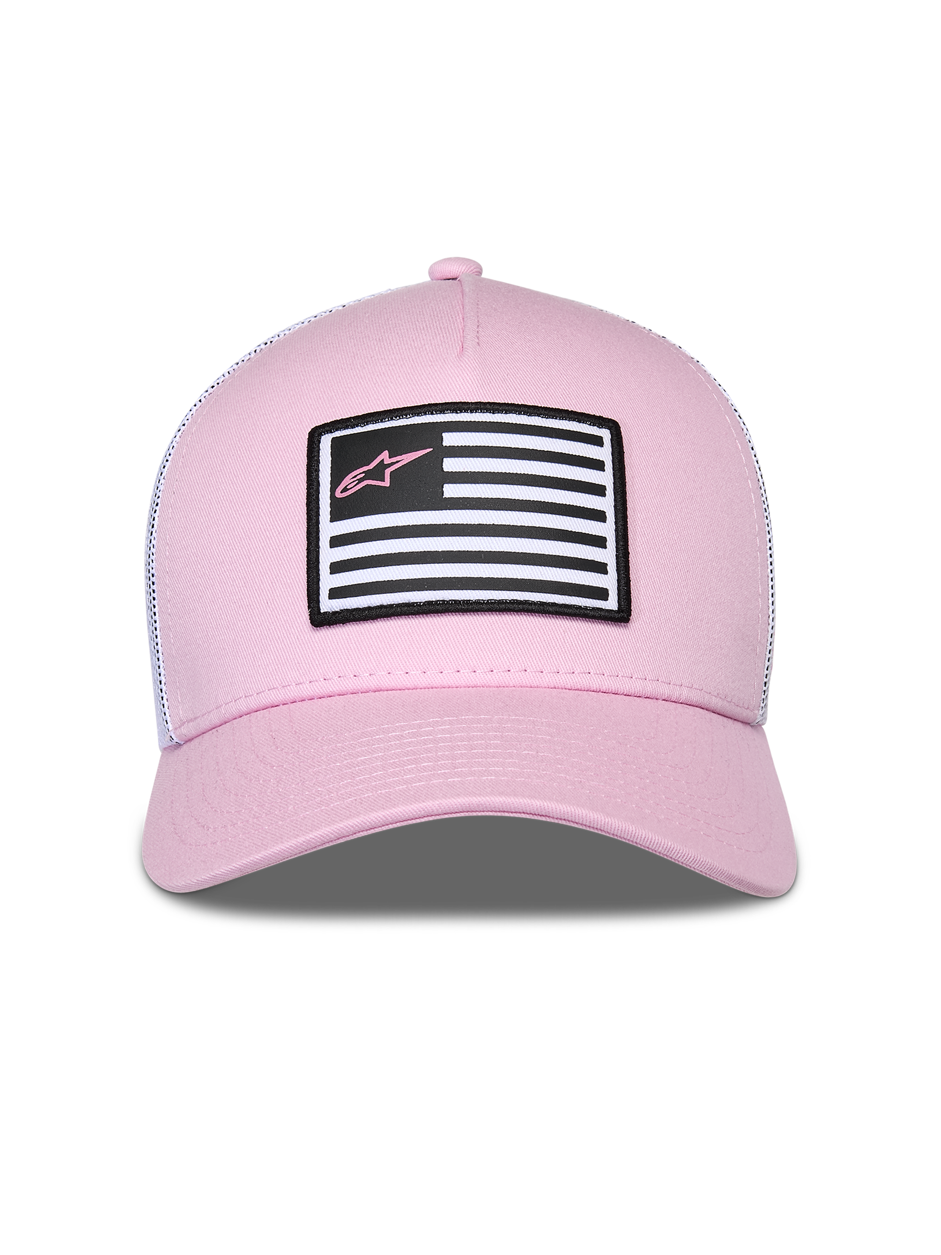 Cappello Alpinestars Flag Snapback, rosa e bianco, con parte anteriore in twill rosa e retro in mesh bianco, visiera curva, patch frontale con design a bandiera e logo Astars rosa, streetwear casual motorsport