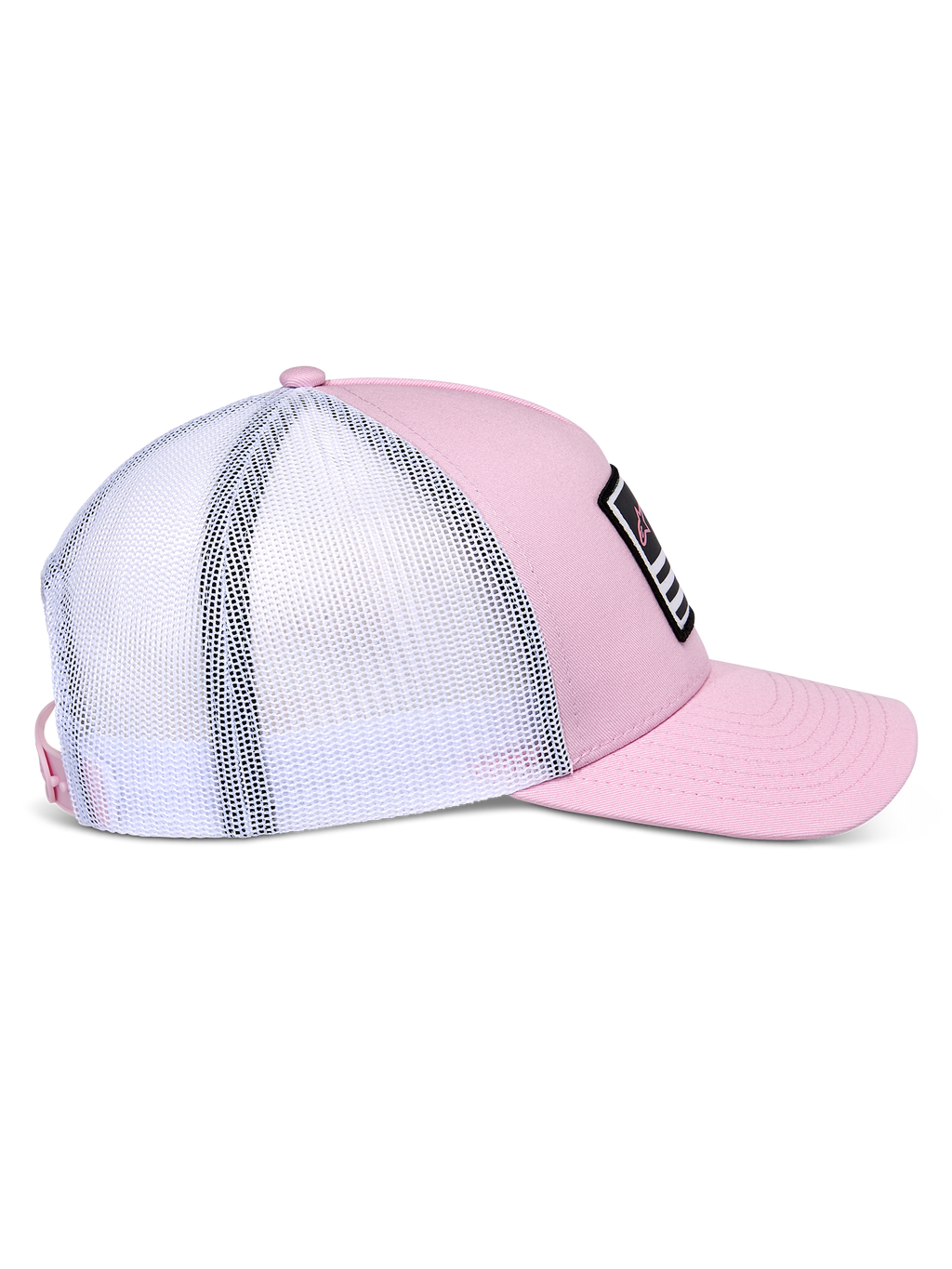 Alpinestars Cappello Snapback Flag, rosa e bianco, vista laterale che mostra la parte anteriore in twill rosa e il retro in mesh bianco, visiera curva, corona strutturata, patch nera con dettagli bianchi e rosa, copricapo casual ispirato al motorsport