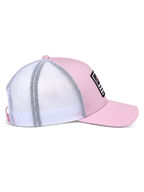 Alpinestars Cappello Snapback Flag, rosa e bianco, vista laterale che mostra la parte anteriore in twill rosa e il retro in mesh bianco, visiera curva, corona strutturata, patch nera con dettagli bianchi e rosa, copricapo casual ispirato al motorsport