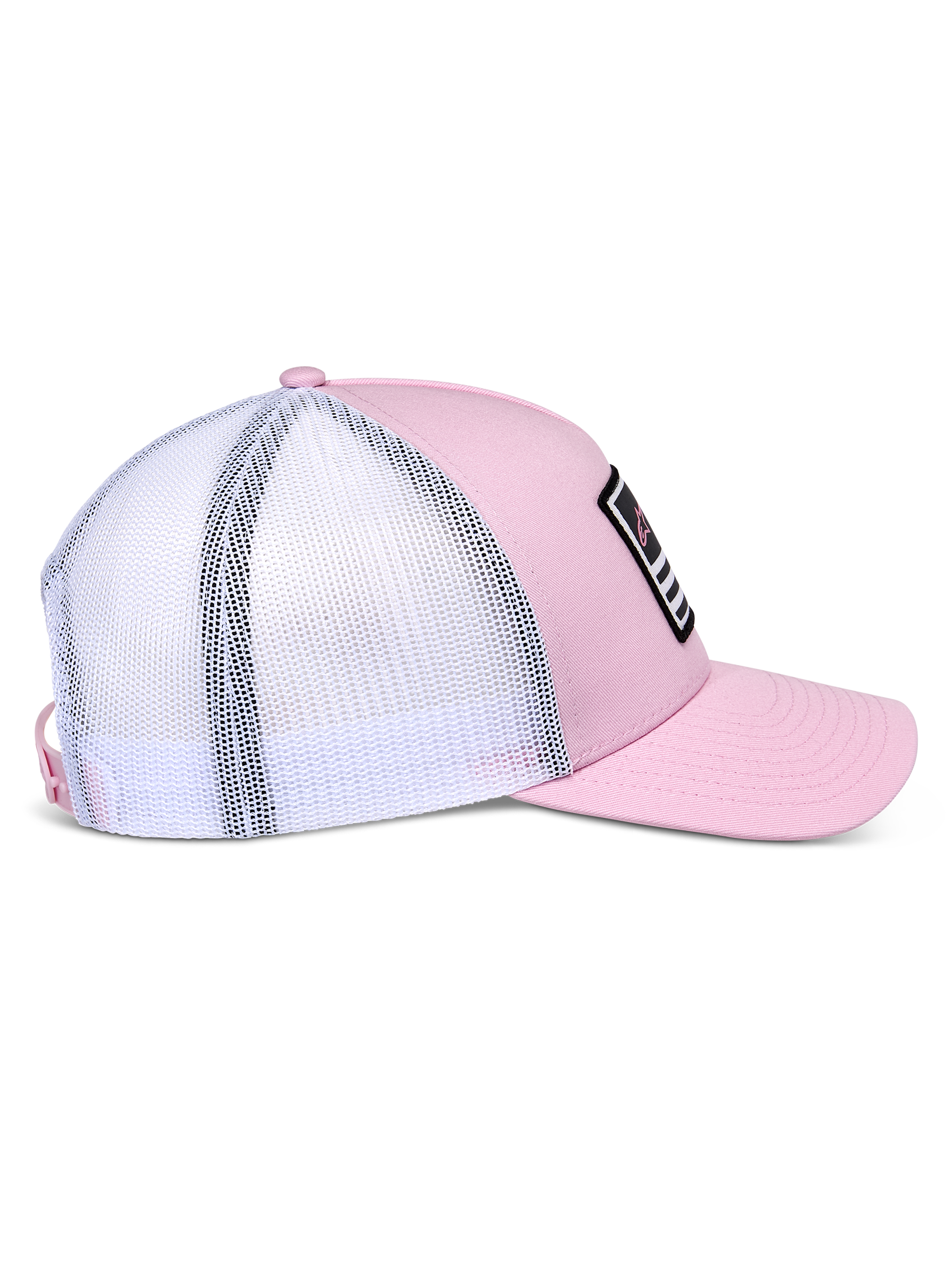 Alpinestars Cappello Snapback Flag, rosa e bianco, vista laterale che mostra la parte anteriore in twill rosa e il retro in mesh bianco, visiera curva, corona strutturata, patch nera con dettagli bianchi e rosa, copricapo casual ispirato al motorsport