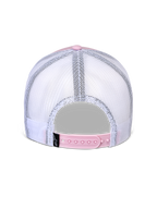 Cappello Flag Snapback Alpinestars, vista posteriore, rosa e bianco, pannelli in mesh bianco traspirante con chiusura snapback regolabile rosa, piccola etichetta nera con logo Alpinestars, copricapo casual ispirato al motorsport