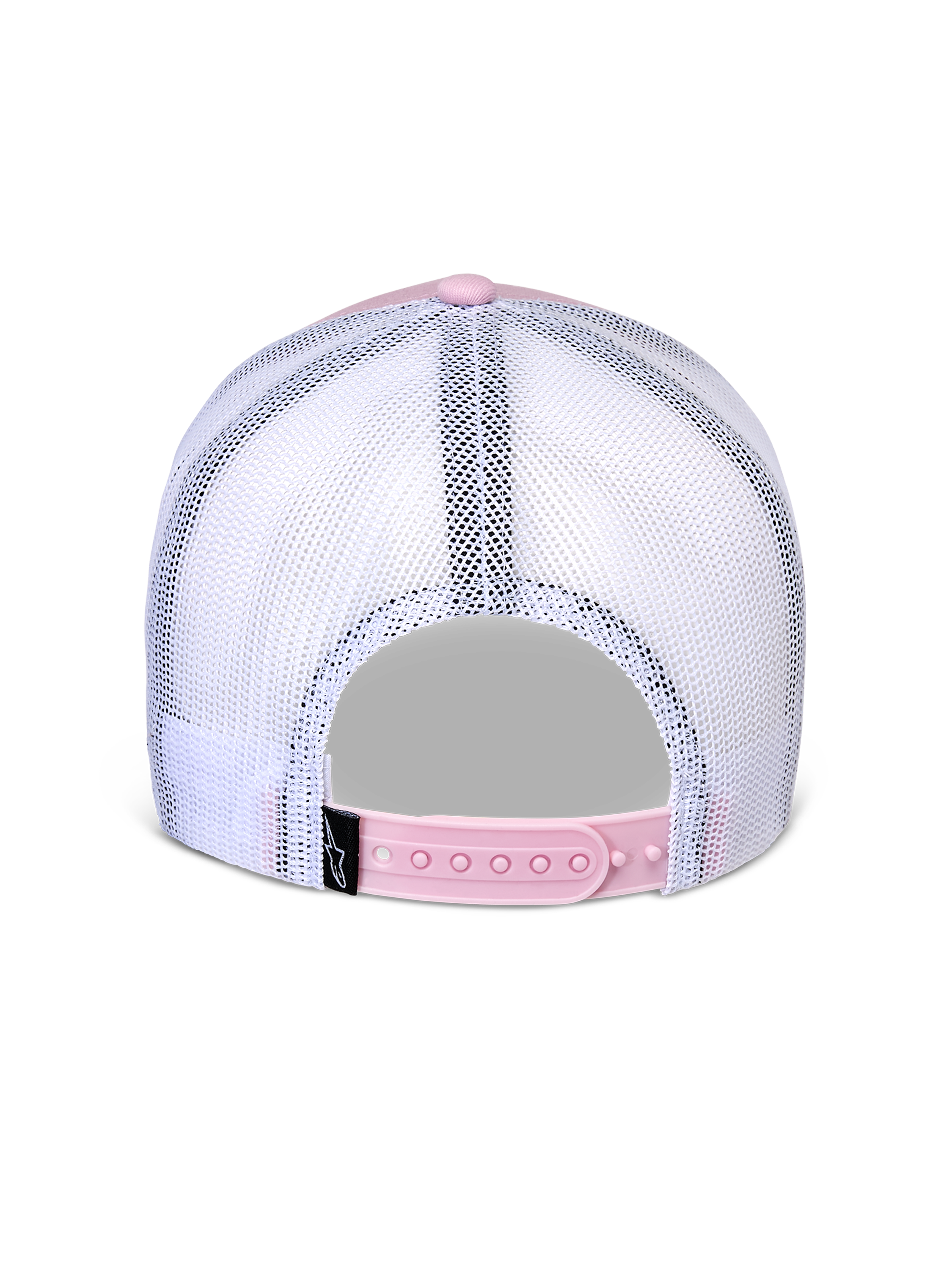 Cappello Flag Snapback Alpinestars, vista posteriore, rosa e bianco, pannelli in mesh bianco traspirante con chiusura snapback regolabile rosa, piccola etichetta nera con logo Alpinestars, copricapo casual ispirato al motorsport