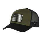 Cappello Snapback Alpinestars Flag, Military Black, corona verde oliva con visiera curva nera e retro in mesh, patch frontale stampata con bandiera e logo, design casual sportivo