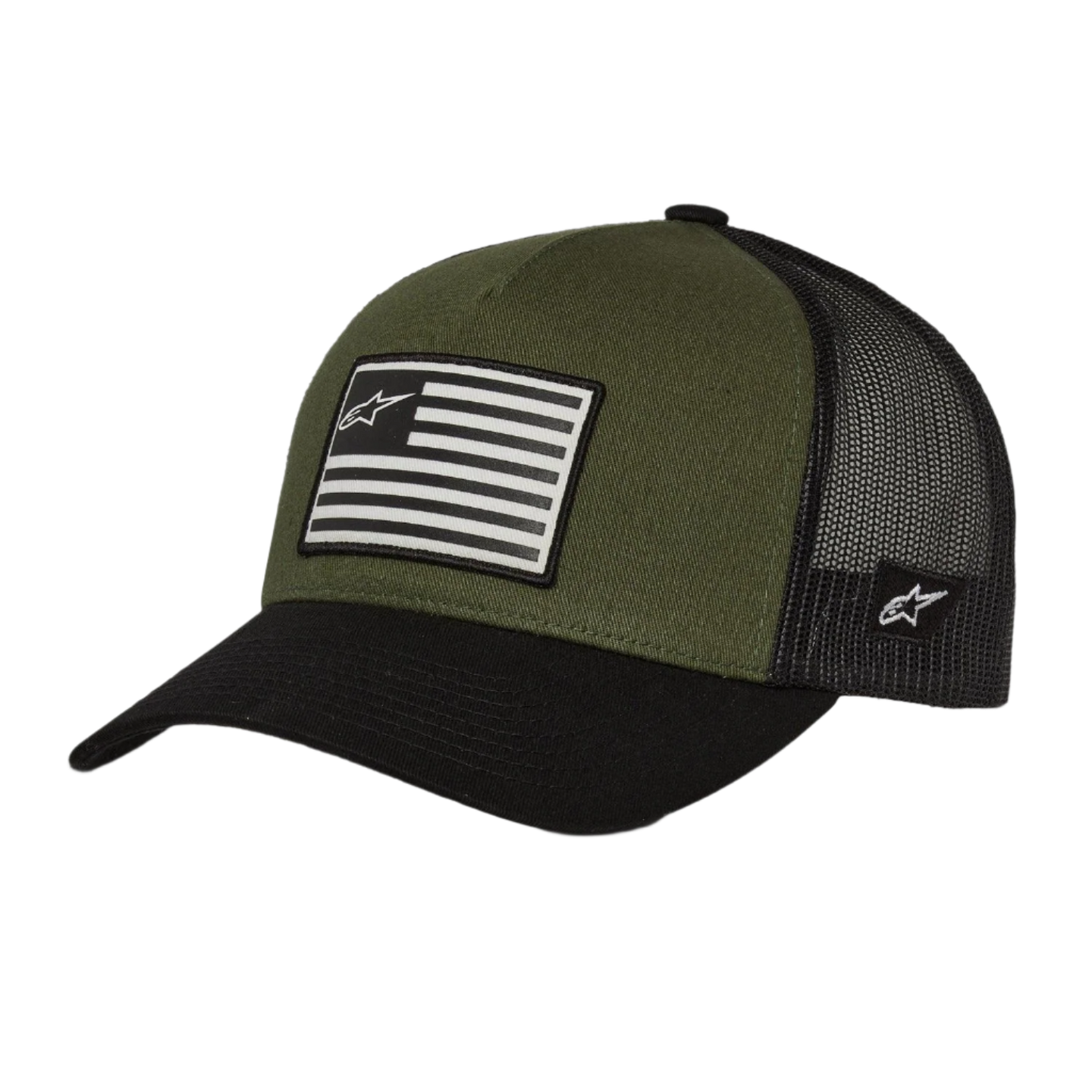 Cappello Snapback Alpinestars Flag, Military Black, corona verde oliva con visiera curva nera e retro in mesh, patch frontale stampata con bandiera e logo, design casual sportivo