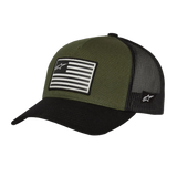 Cappello Snapback Alpinestars Flag, Military Black, corona verde oliva con visiera curva nera e retro in mesh, patch frontale stampata con bandiera e logo, design casual sportivo