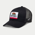Cappello Alpinestars Cali 2.0, cappellino trucker nero, patch tessuta con orso della California e marchio Alpinestars, visiera curva, retro in mesh traspirante, logo a stella ricamato in bianco sul lato