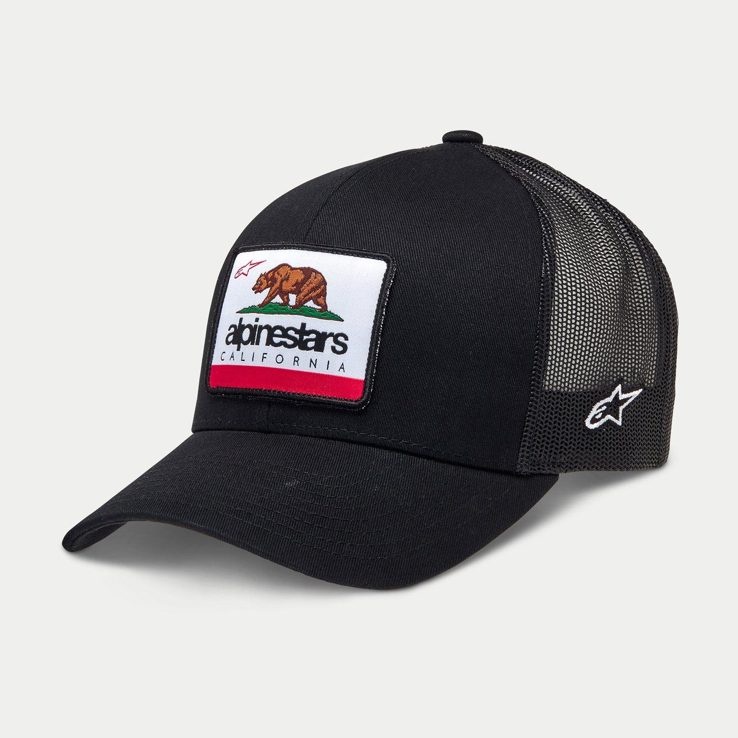 Cappello Alpinestars Cali 2.0, cappellino trucker nero, patch tessuta con orso della California e marchio Alpinestars, visiera curva, retro in mesh traspirante, logo a stella ricamato in bianco sul lato