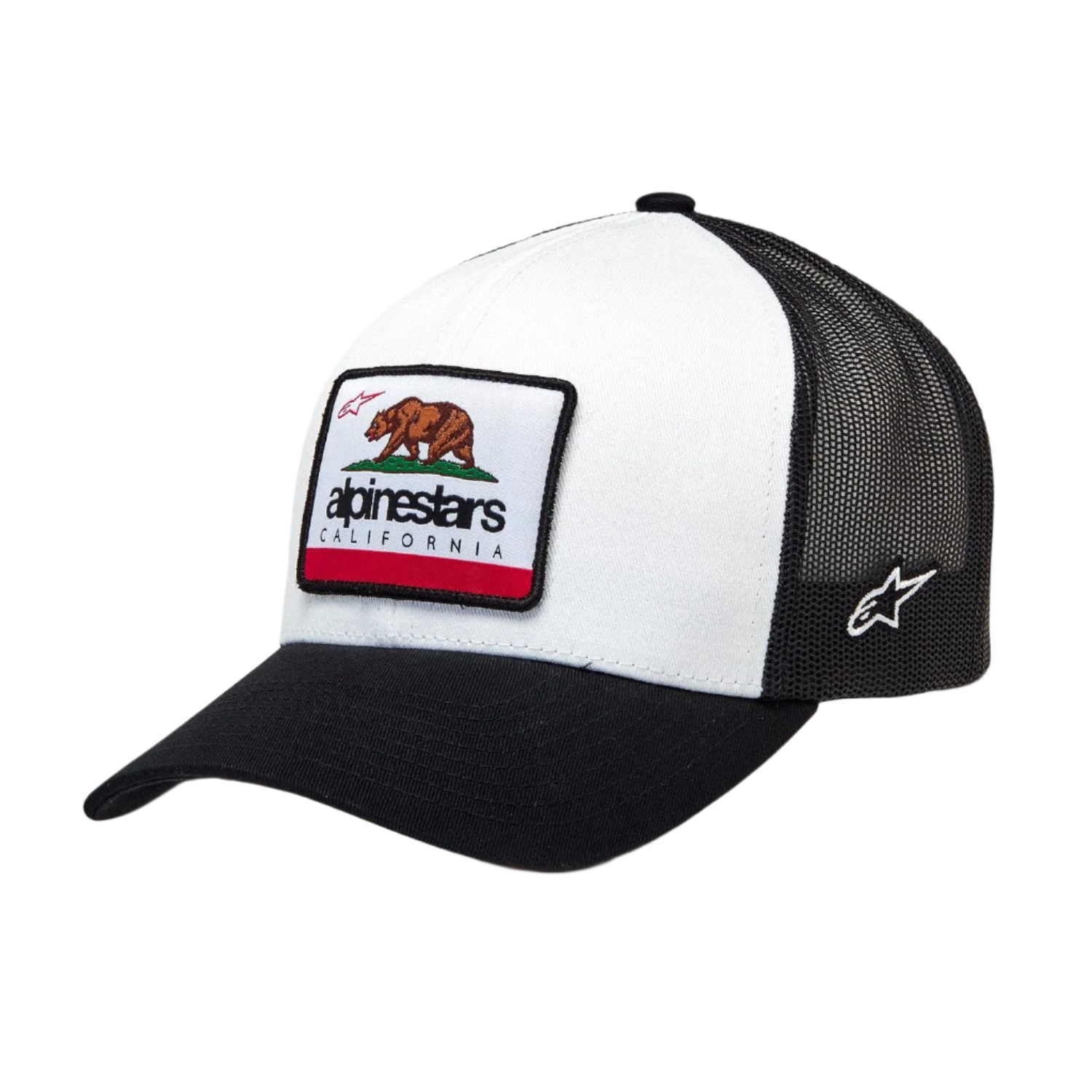 Cappello Alpinestars Cali 2.0, cappellino trucker bianco e nero, visiera curva con corona strutturata, patch tessuta con orso della California e marchio Alpinestars, retro in mesh di poliestere nero, stile motorsport casual