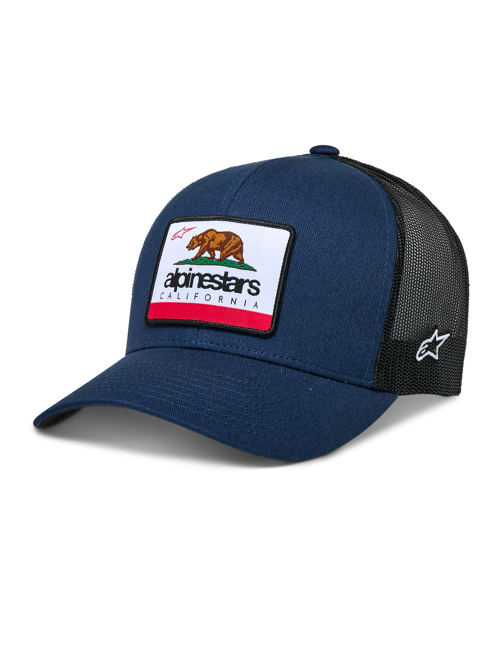 Alpinestars Cali 2.0 Hat, cappellino trucker blu navy e nero, con grande patch dell'orso della California e logo Alpinestars, visiera curva, retro in rete nera traspirante, copricapo casual motorsport
