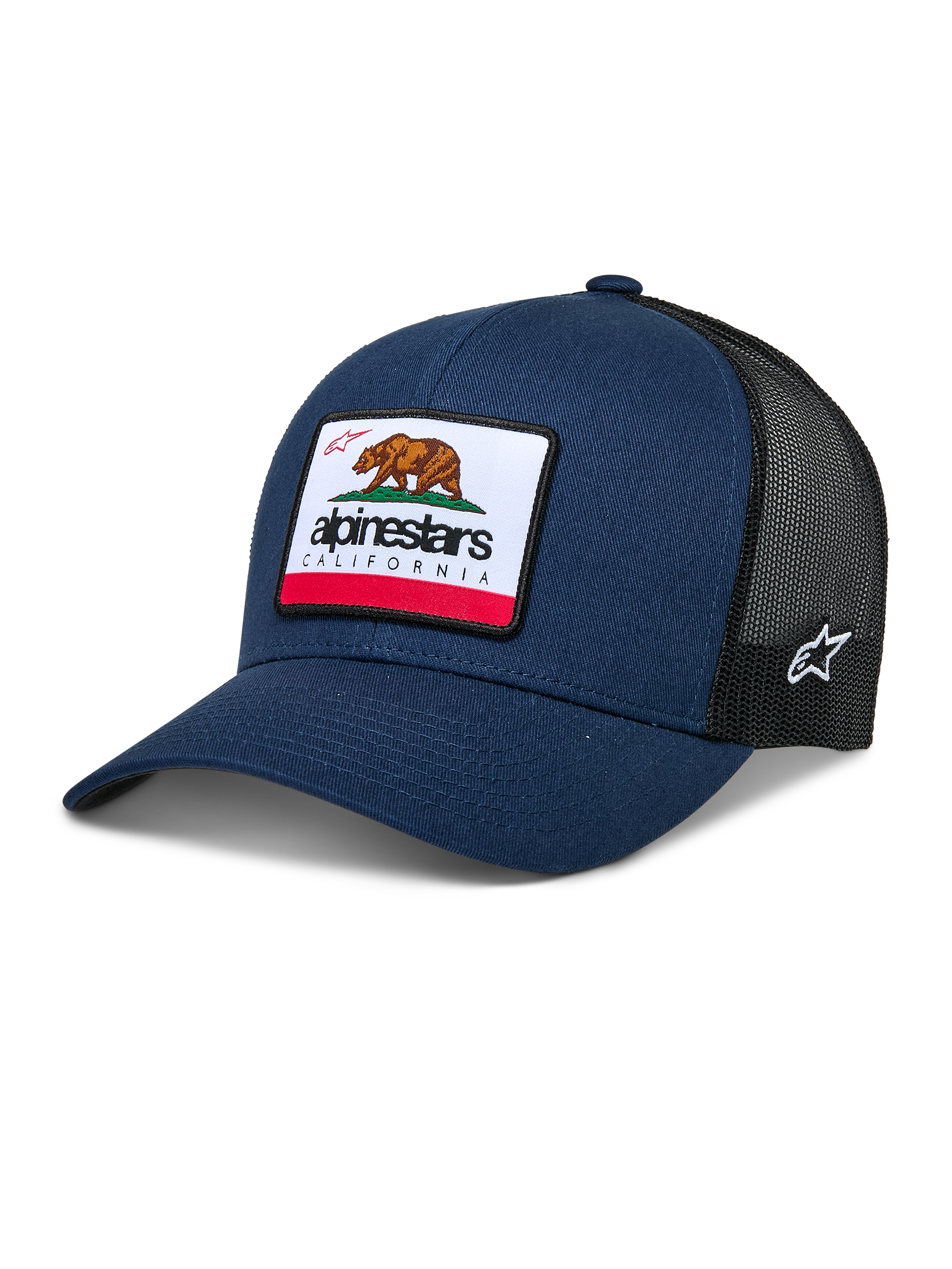 Alpinestars Cali 2.0 Hat, cappellino trucker blu navy e nero, con grande patch dell'orso della California e logo Alpinestars, visiera curva, retro in rete nera traspirante, copricapo casual motorsport