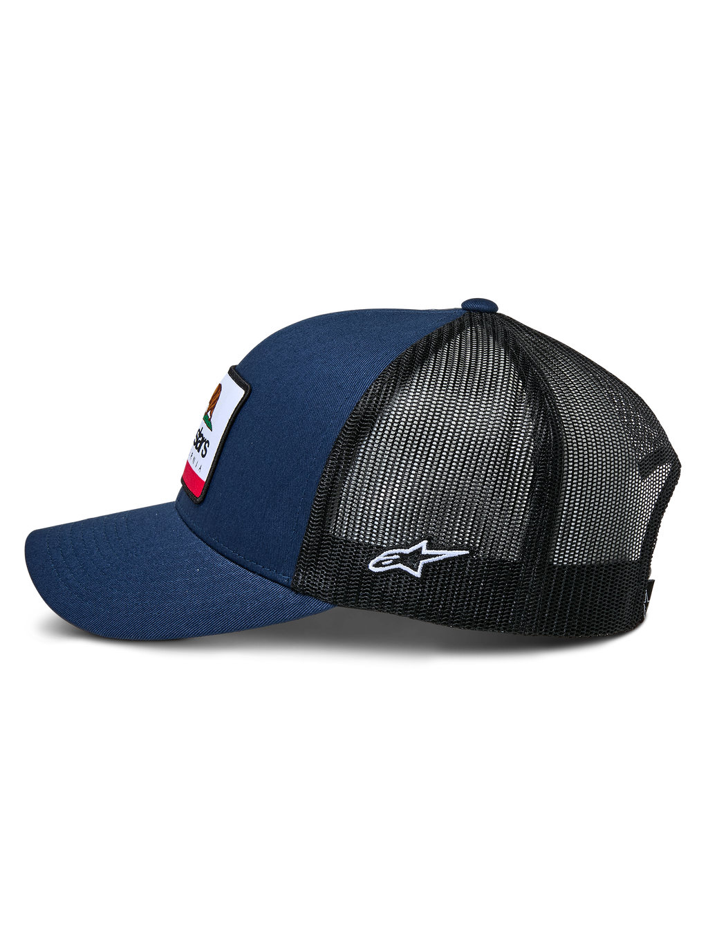 Cappello Alpinestars Cali 2.0, blu navy e nero, vista laterale di profilo, parte anteriore in twill con patch merrow tessuta, retro in rete di poliestere nera con logo a stella bianco ricamato, visiera curva, copricapo casual ispirato al motorsport