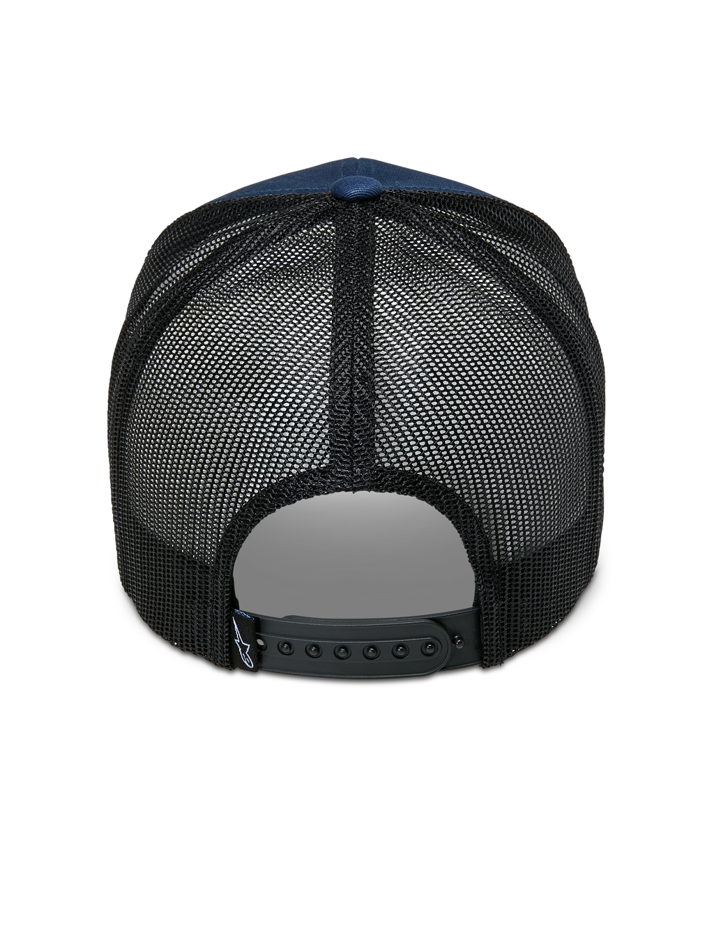 Cappello Alpinestars Cali 2.0, blu navy e nero, vista posteriore con retro in rete di poliestere traspirante, chiusura snapback regolabile nera e piccola etichetta con logo, design casual da cappellino trucker