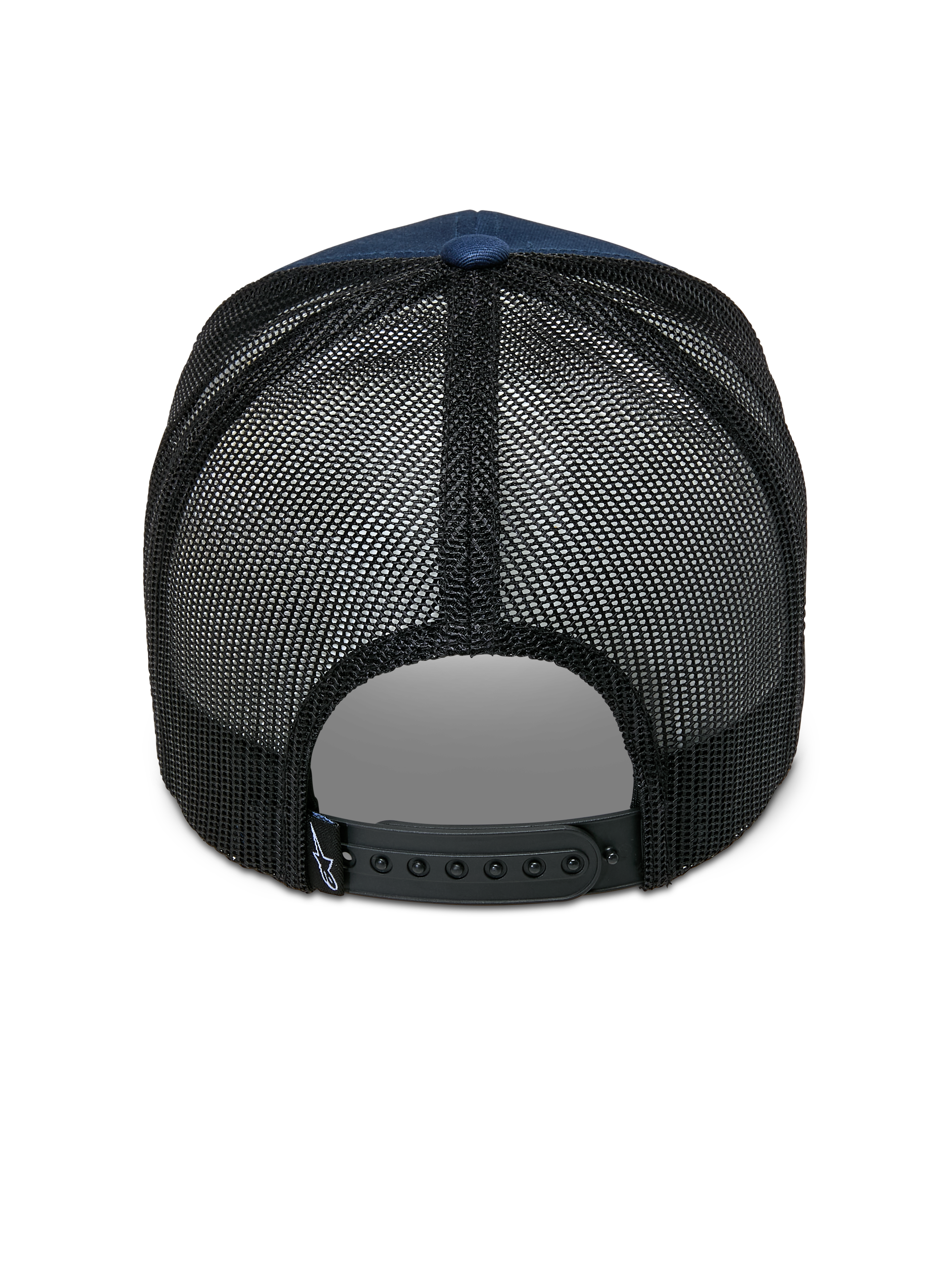 Cappello Alpinestars Cali 2.0, blu navy e nero, vista posteriore con retro in rete di poliestere traspirante, chiusura snapback regolabile nera e piccola etichetta con logo, design casual da cappellino trucker
