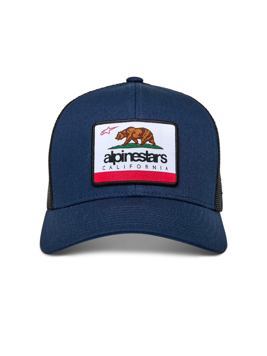 Cappello Alpinestars Cali 2.0, blu navy, con patch tessuta merrow raffigurante l'orso della California e logo Alpinestars, visiera curva, corona strutturata con retro in rete di poliestere, streetwear casual motorsport