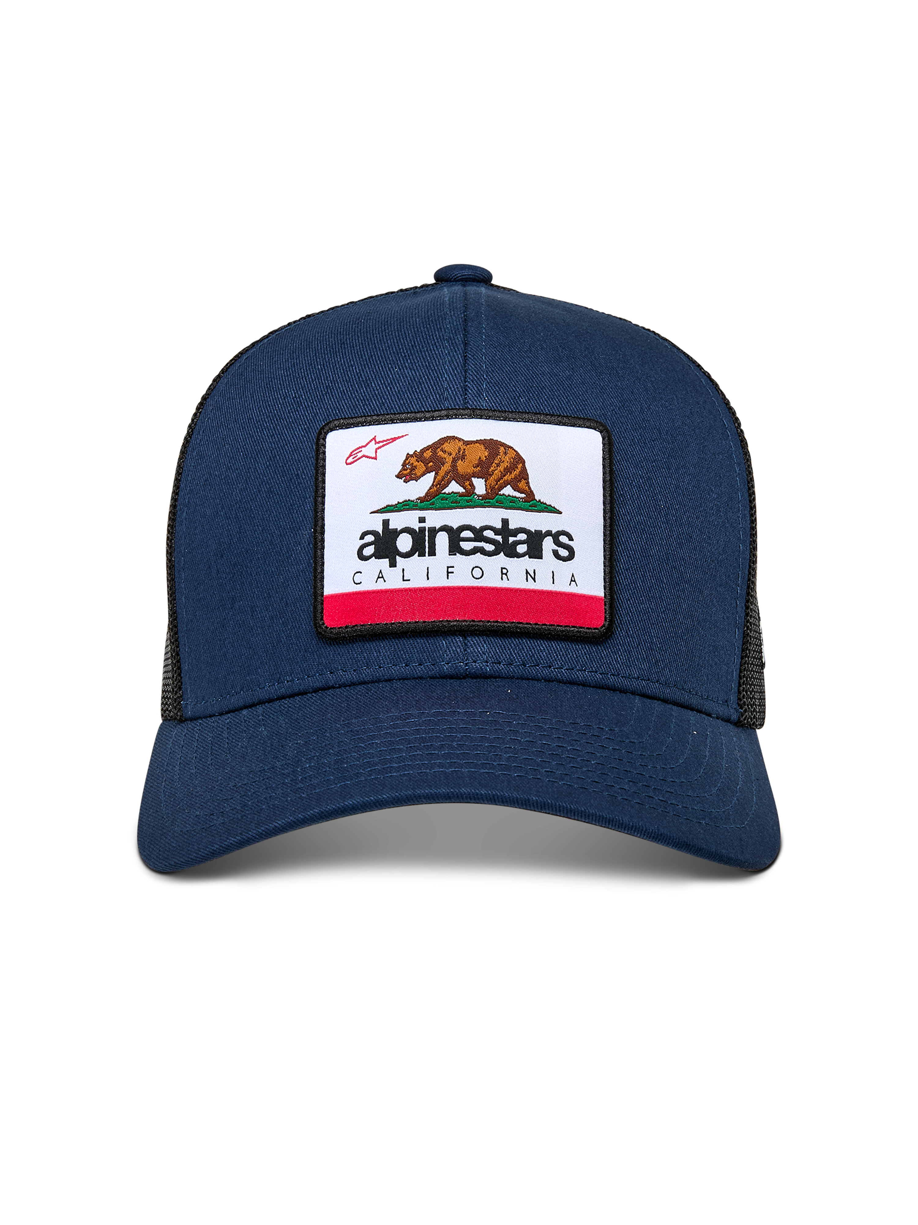 Cappello Alpinestars Cali 2.0, blu navy, con patch tessuta merrow raffigurante l'orso della California e logo Alpinestars, visiera curva, corona strutturata con retro in rete di poliestere, streetwear casual motorsport