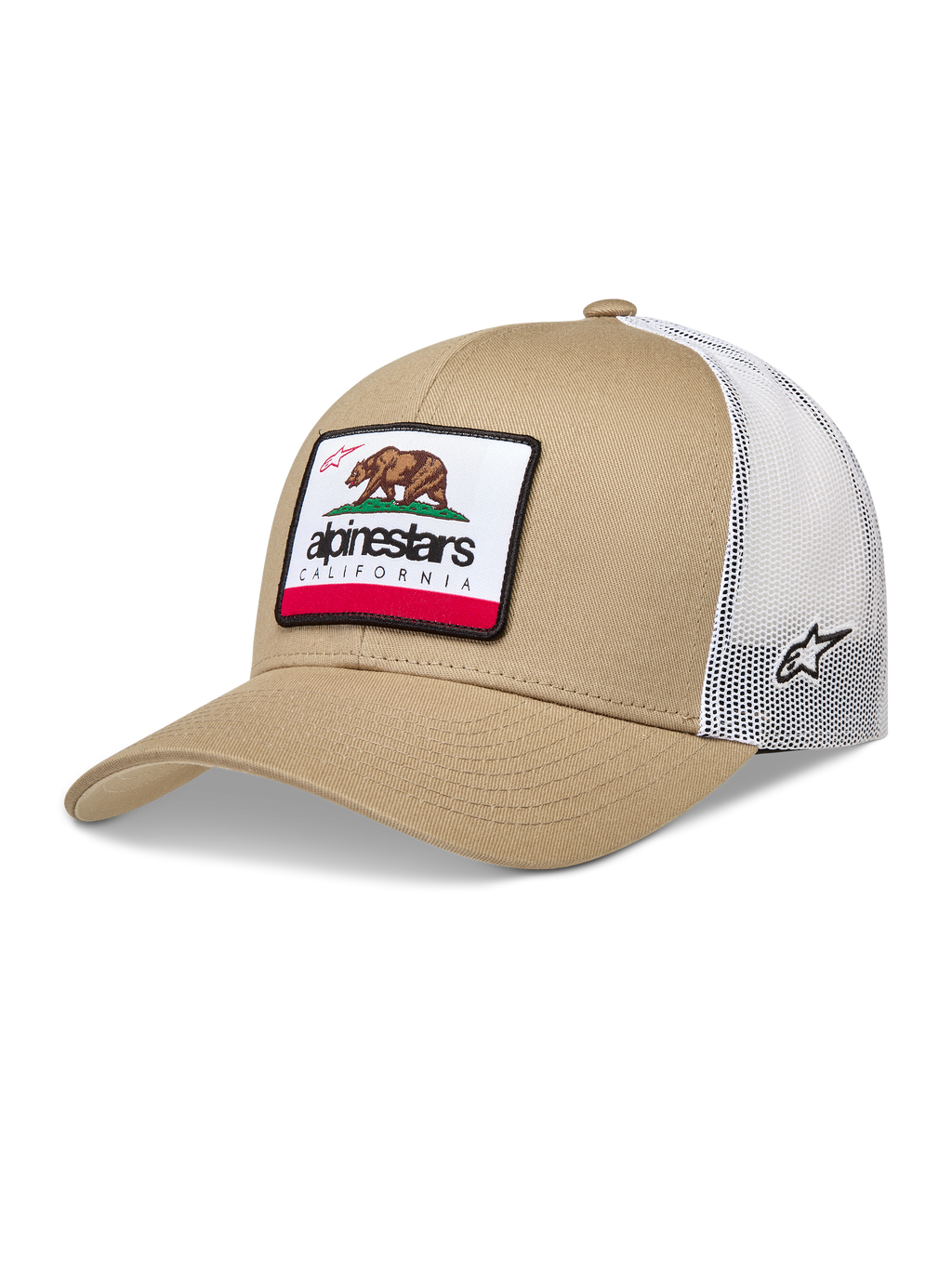 Alpinestars Cali 2.0 Cappello, cappello trucker in colore sabbia e bianco, retro in rete traspirante, patch tessuta con orso della California e logo laterale, stile casual sportswear