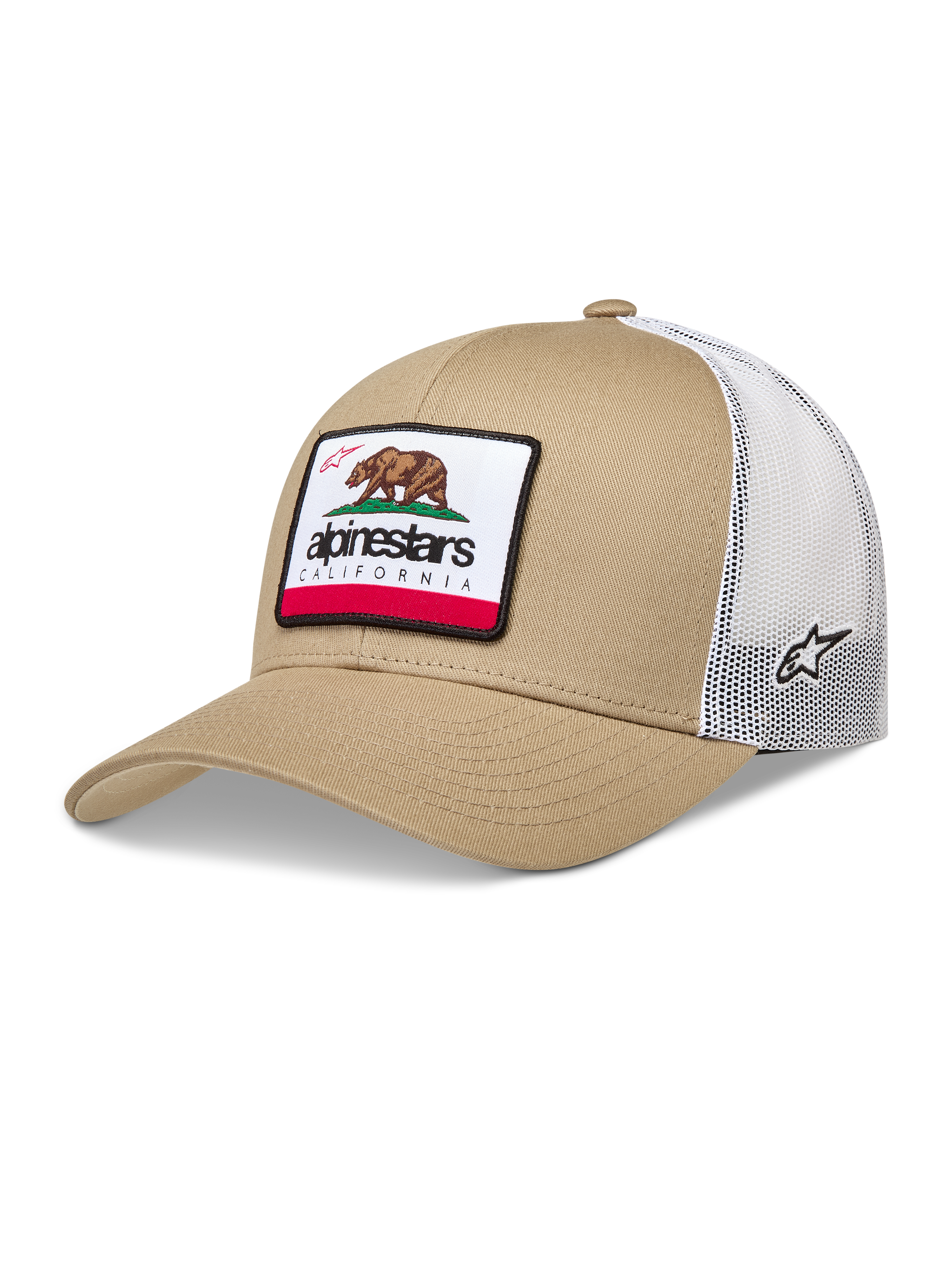 Alpinestars Cali 2.0 Cappello, cappello trucker in colore sabbia e bianco, retro in rete traspirante, patch tessuta con orso della California e logo laterale, stile casual sportswear