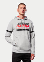 Alpinestars Club Hoodie, abbigliamento casual streetwear, grigio mélange con cappuccio foderato in jersey rosso, grafica ASTARS RACING AHEAD, strisce orizzontali nere su petto e maniche, pullover in pile d'ispirazione motorsport