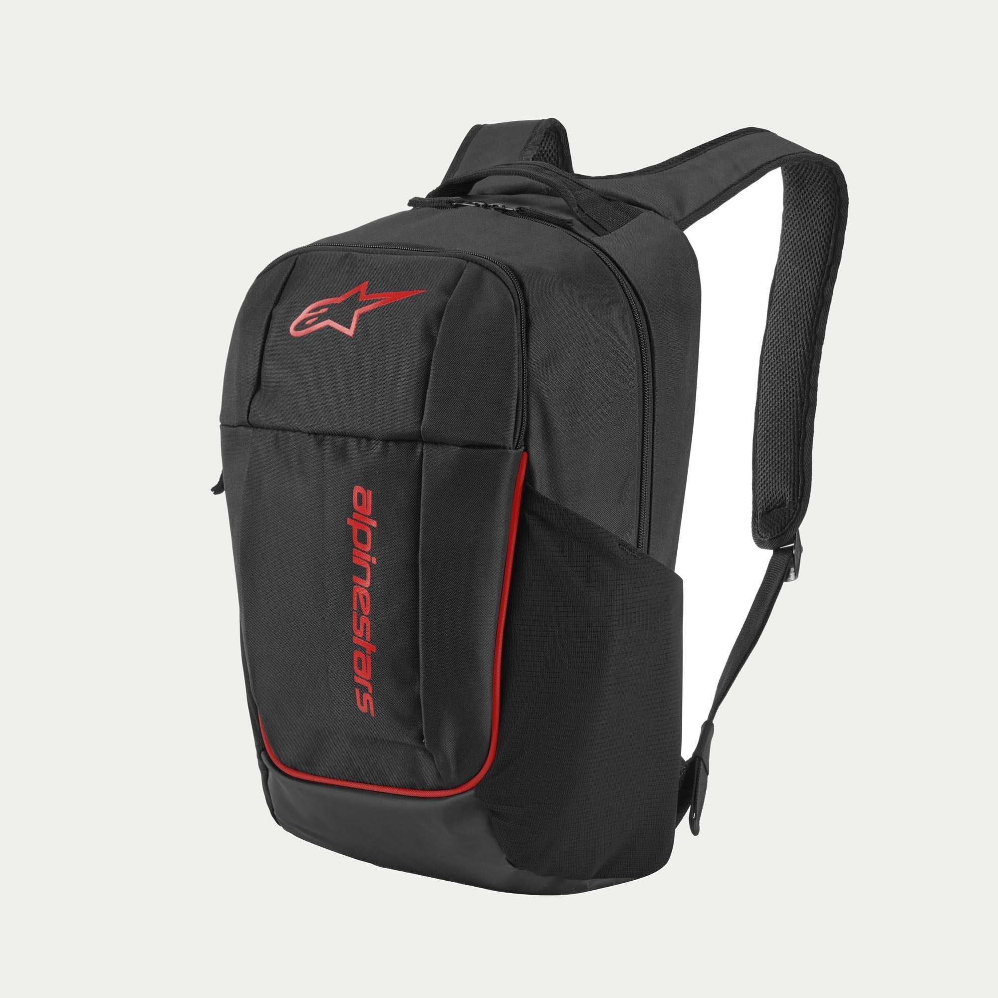 Zaino Alpinestars GFX V2, nero e rosso, zaino sportivo di medie dimensioni con logo Astars rosso e marchio verticale, tasca laterale in rete per borraccia, spallacci imbottiti in rete traspirante