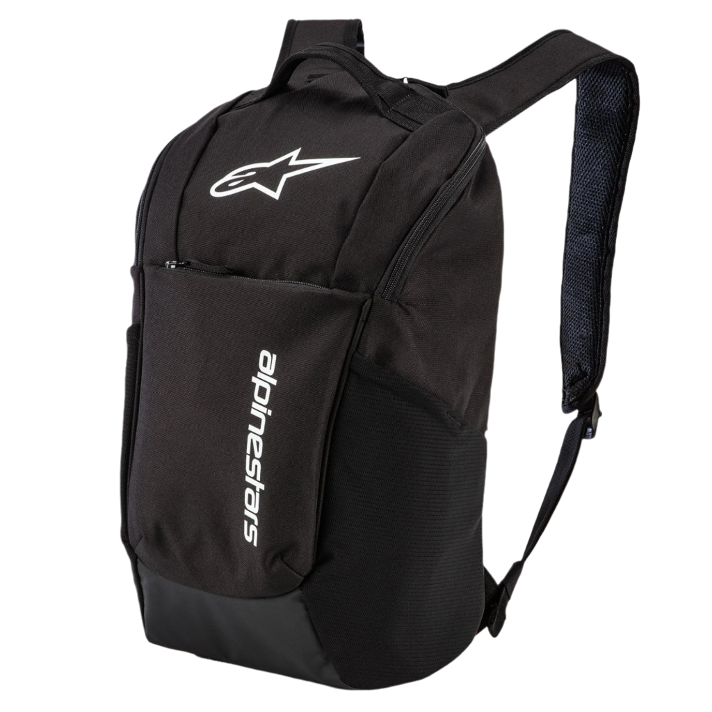 Alpinestars Zaino Defcon V2, nero, zaino quotidiano di piccole dimensioni con logo stampato bianco e branding verticale, dotato di tasche laterali in rete e spallacci in rete traspirante, realizzato in resistente poliestere 600D