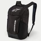 Alpinestars Defcon V2 Backpack, zaino quotidiano, nero, con logo stampato bianco e marchio Alpinestars verticale, tasca frontale con zip, tasche laterali in rete e spallacci imbottiti in airmesh, struttura in resistente poliestere 600D