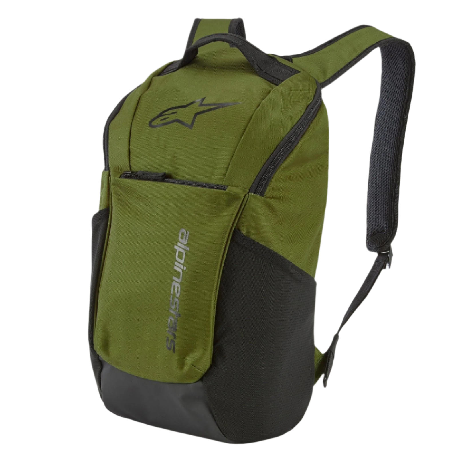 Zaino Alpinestars Defcon V2, zaino sportswear, verde militare con dettagli neri, con logo Astar e branding verticale, tasche laterali in mesh e spallacci imbottiti in airmesh