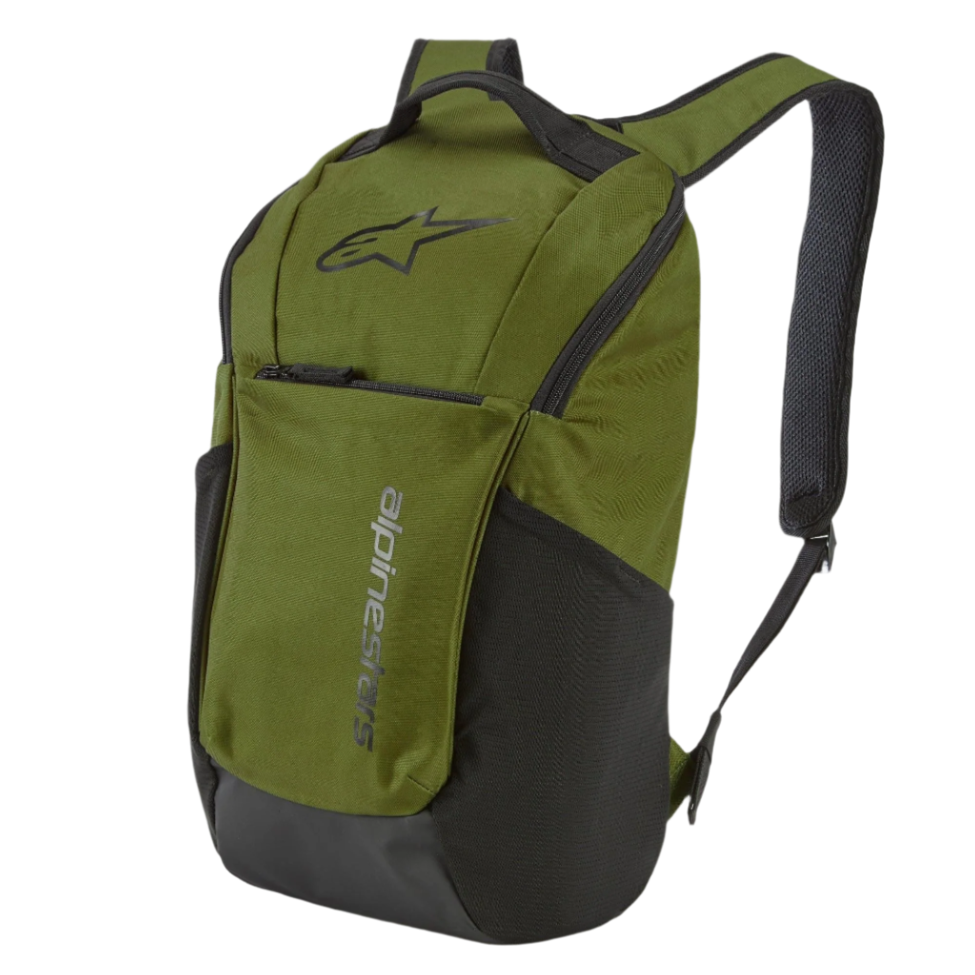 Zaino Alpinestars Defcon V2, zaino sportswear, verde militare con dettagli neri, con logo Astar e branding verticale, tasche laterali in mesh e spallacci imbottiti in airmesh