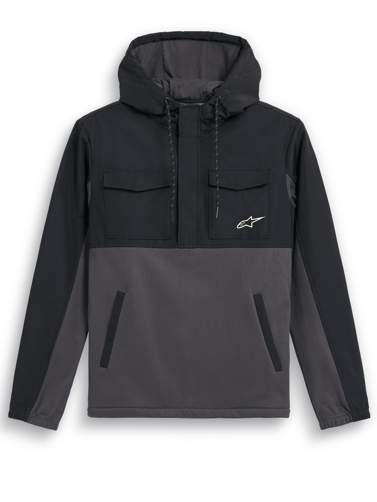 Alpinestars Giacca Hybrid Juncture, giacca anorak con cappuccio, Black Gunmetal, design in materiali misti con inserti in ripstop su sprone e cappuccio, corpo in tela, tasche sul petto con patta e tasche inferiori a filetto, piccolo logo a stella bianco, giacca casual ispirata al motorsport