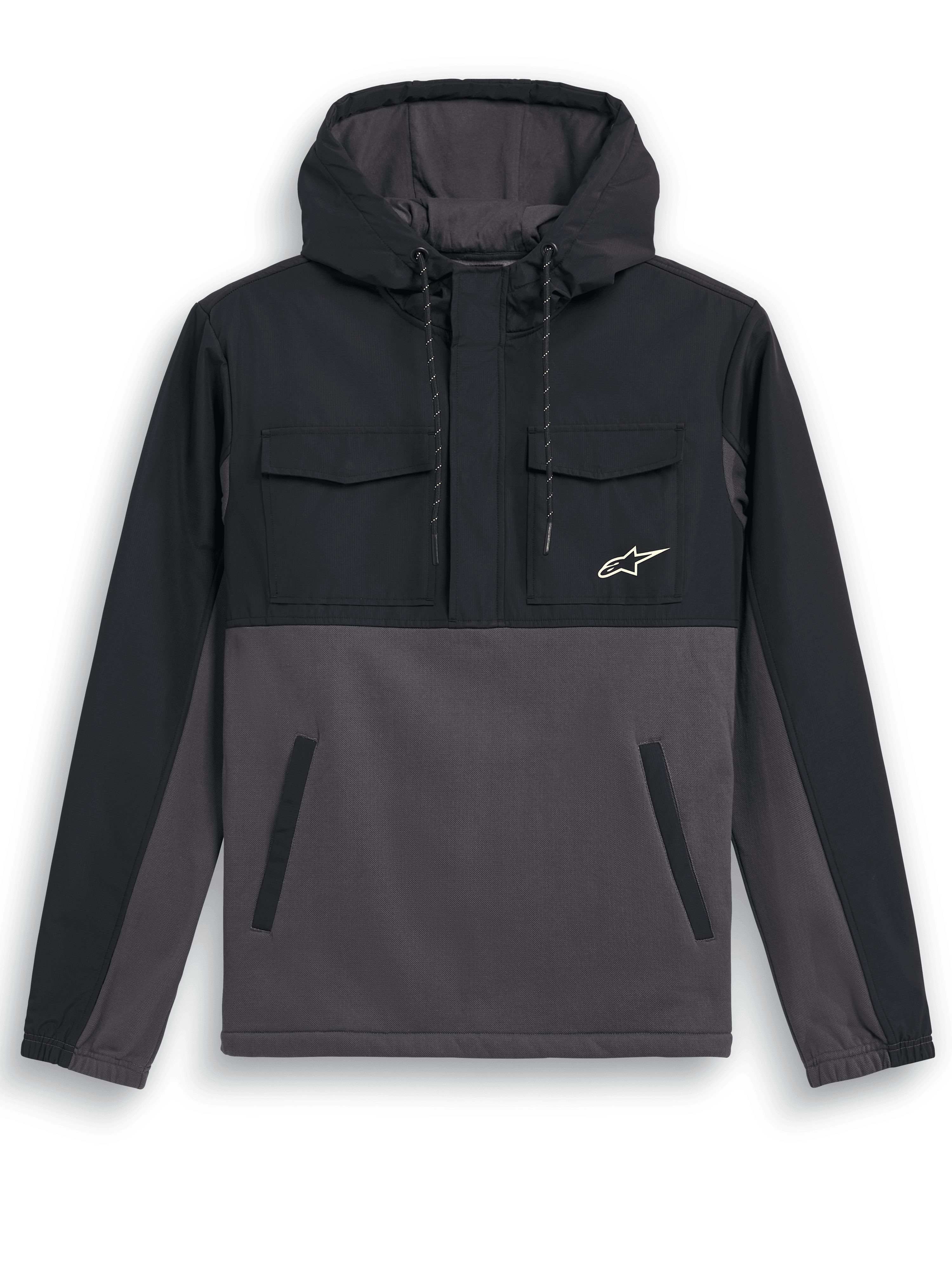 Alpinestars Giacca Hybrid Juncture, giacca anorak con cappuccio, Black Gunmetal, design in materiali misti con inserti in ripstop su sprone e cappuccio, corpo in tela, tasche sul petto con patta e tasche inferiori a filetto, piccolo logo a stella bianco, giacca casual ispirata al motorsport