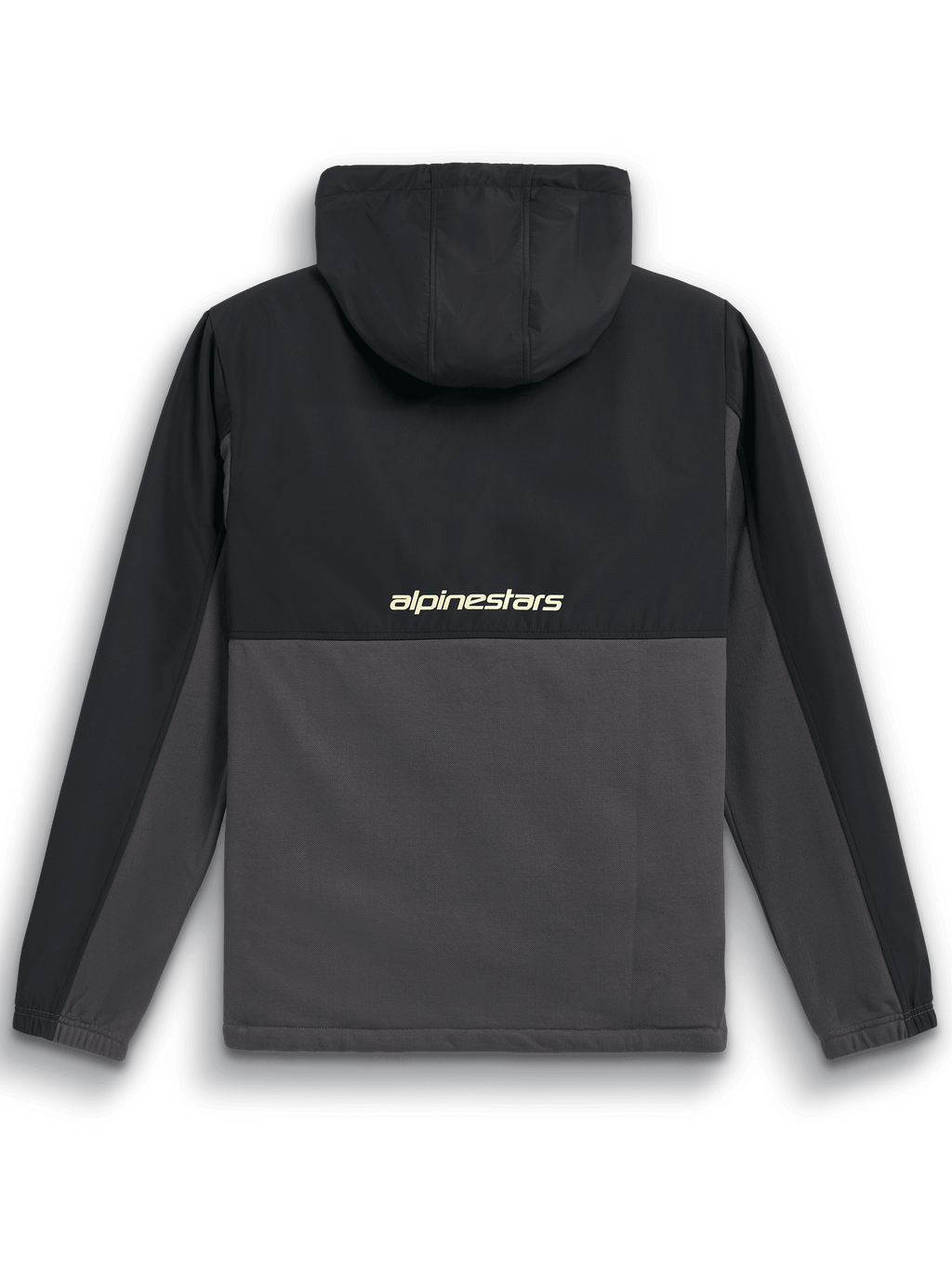Giacca Hybrid Juncture Alpinestars, vista posteriore, nero e gunmetal, anorak in materiale misto con sprone e cappuccio in ripstop, logo 'alpinestars' al centro della schiena, abbigliamento casual motorsport streetwear