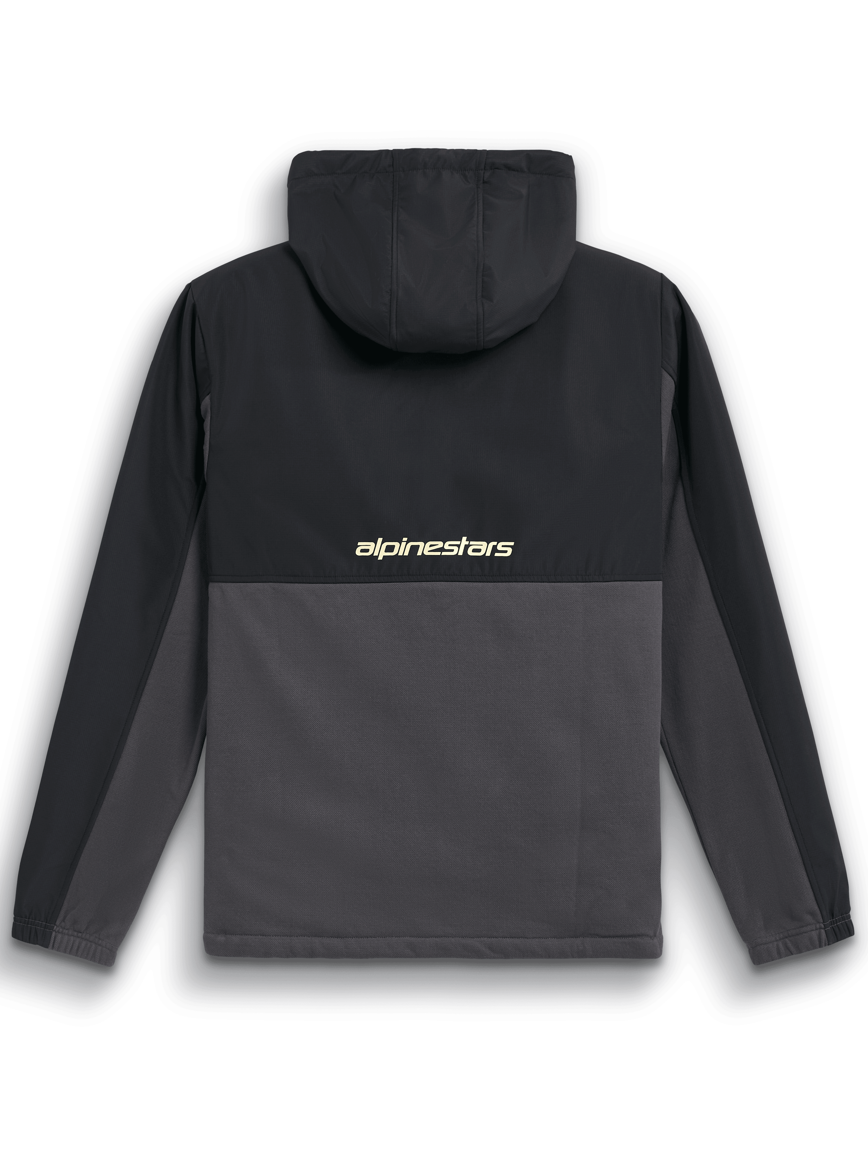 Giacca Hybrid Juncture Alpinestars, vista posteriore, nero e gunmetal, anorak in materiale misto con sprone e cappuccio in ripstop, logo 'alpinestars' al centro della schiena, abbigliamento casual motorsport streetwear