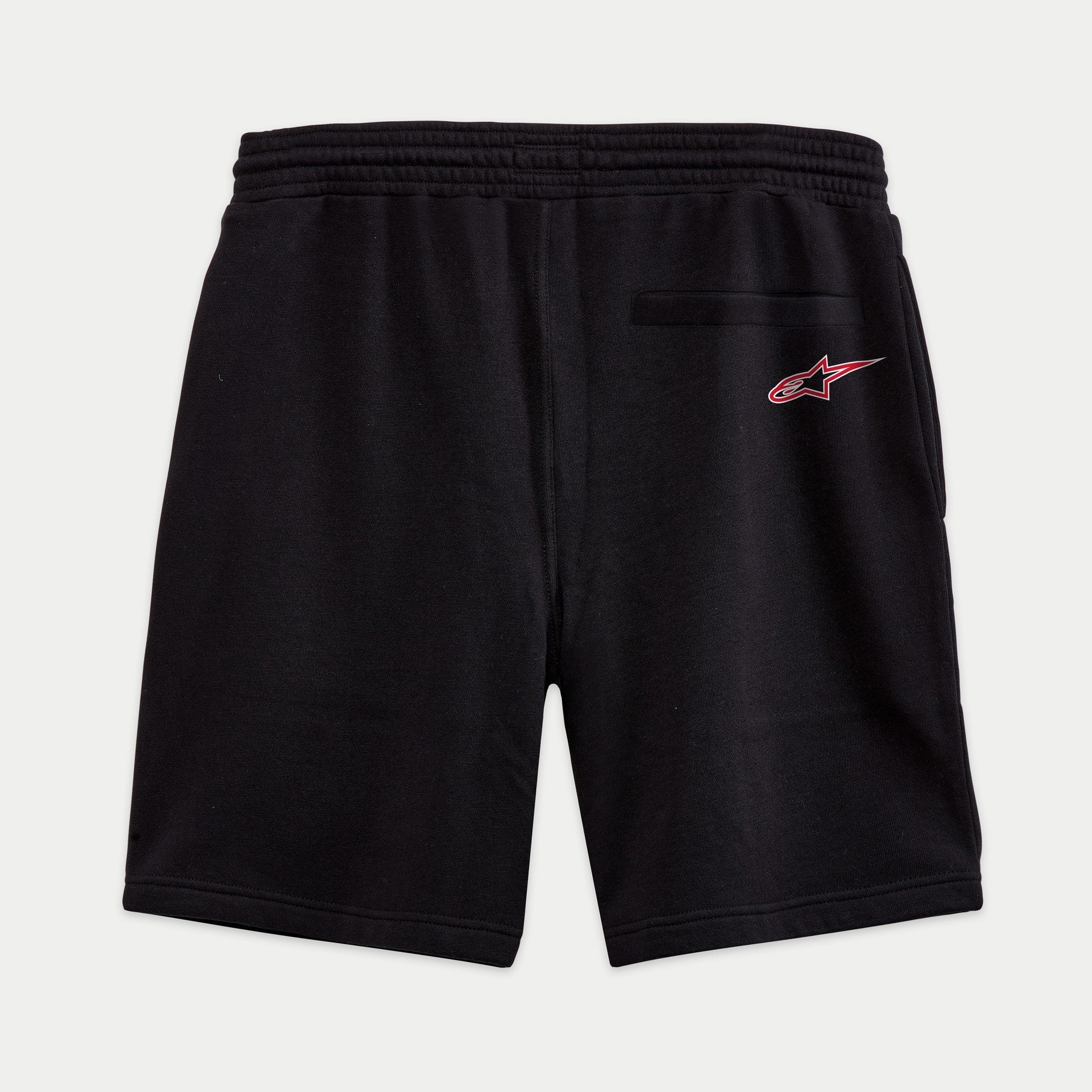 Alpinestars Dunker Short, pantaloncini da allenamento in pile, nero, vista posteriore con logo Ageless rosso e bianco sulla tasca a filo, cintura elastica, design casual e sportivo