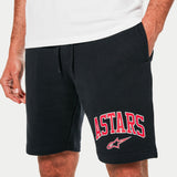 Alpinestars Dunker Short, pantaloncini da allenamento in pile, nero con stampa logo ASTARS rossa e bianca sulla coscia, logo a stella Alpinestars, cintura con coulisse e tasche laterali