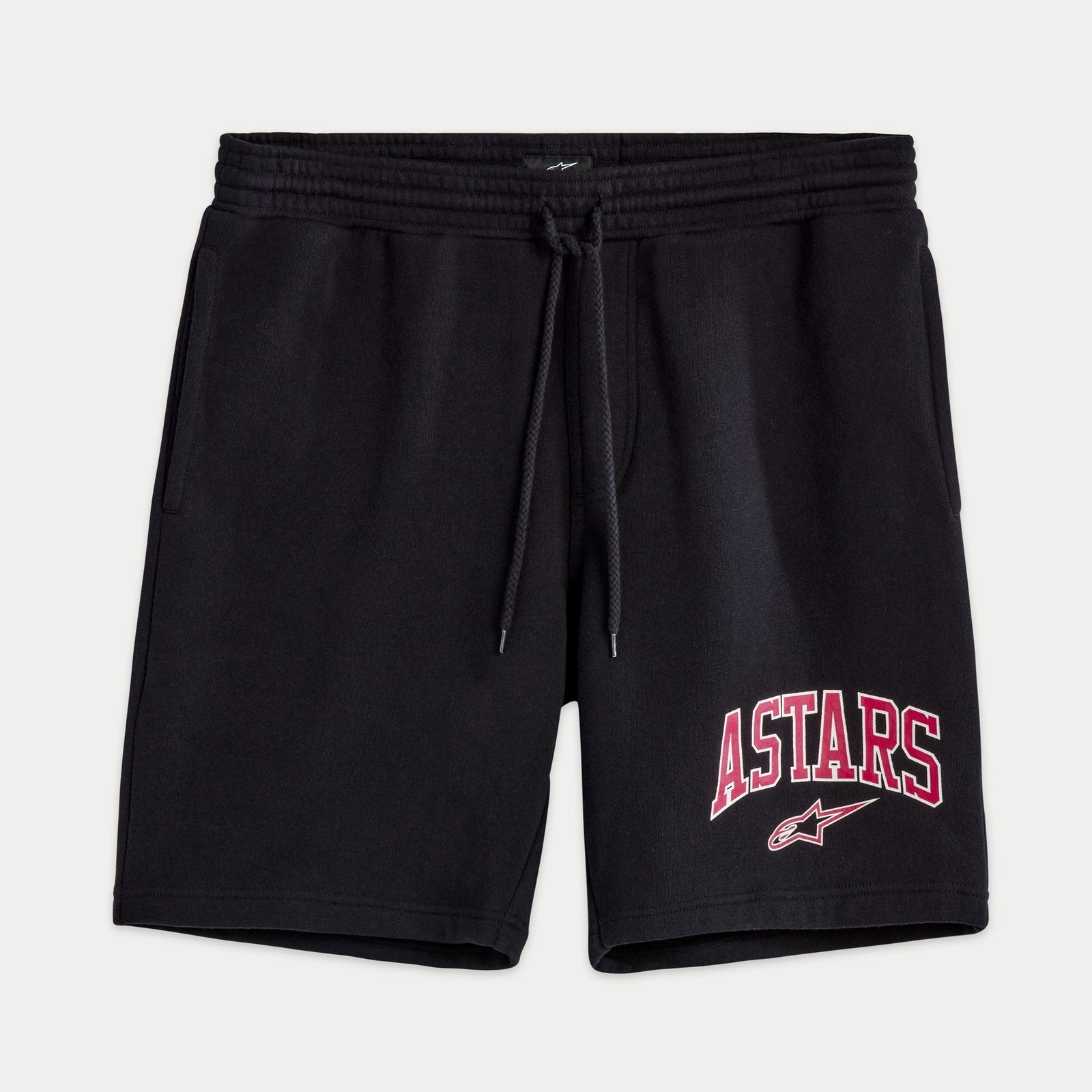 Alpinestars Dunker Short, pantaloncini da allenamento in pile, nero con logo 'ASTARS' rosso e bianco sulla coscia, logo stella Alpinestars, vita elastica con coulisse, abbigliamento sportivo e casual