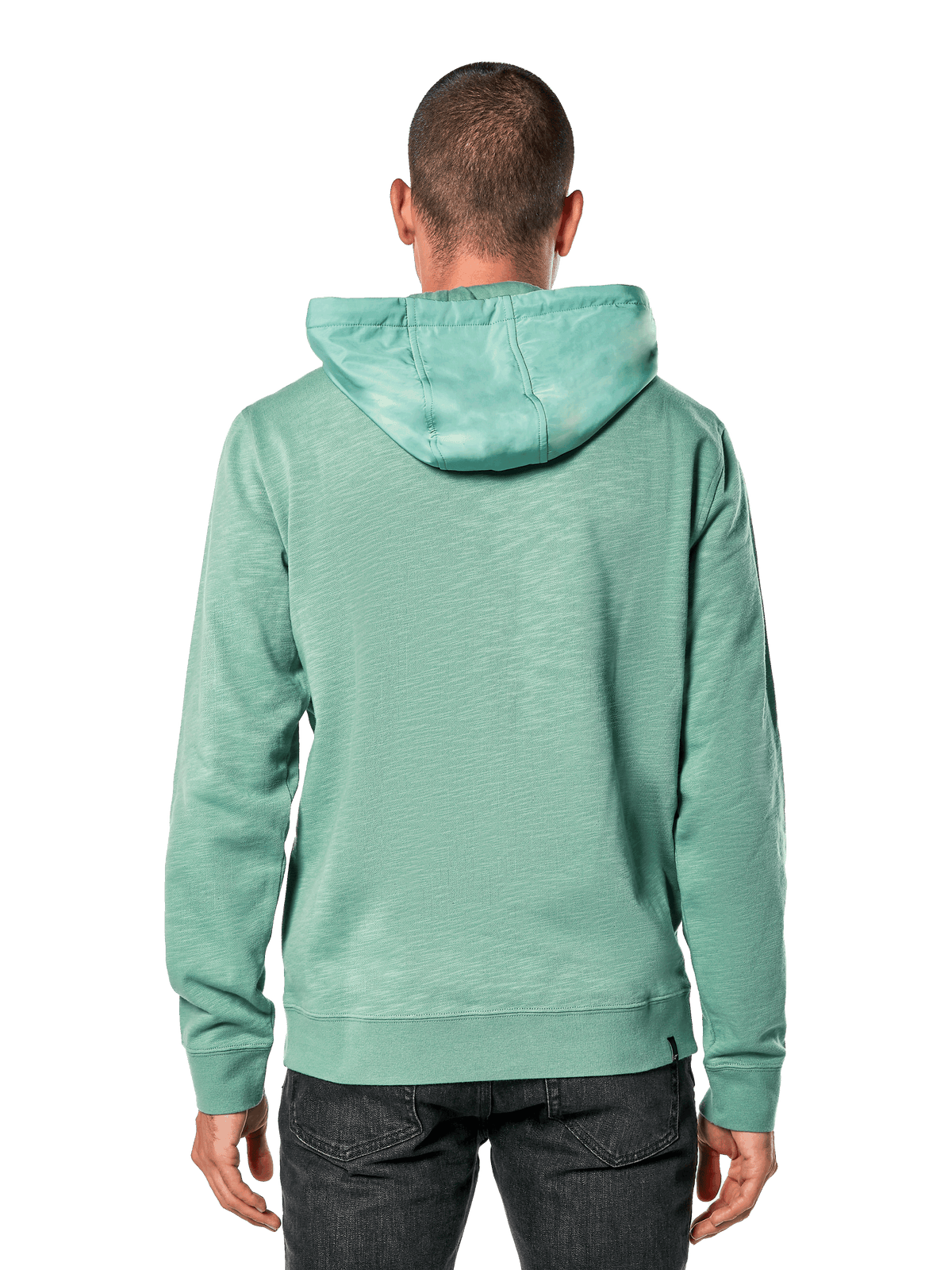Felpa con cappuccio Alpinestars Rooted, verde, vista posteriore di un uomo che indossa una felpa casual in terry francese slub, con cappuccio sovrapposto, polsini e orlo a costine, design sportivo moderno