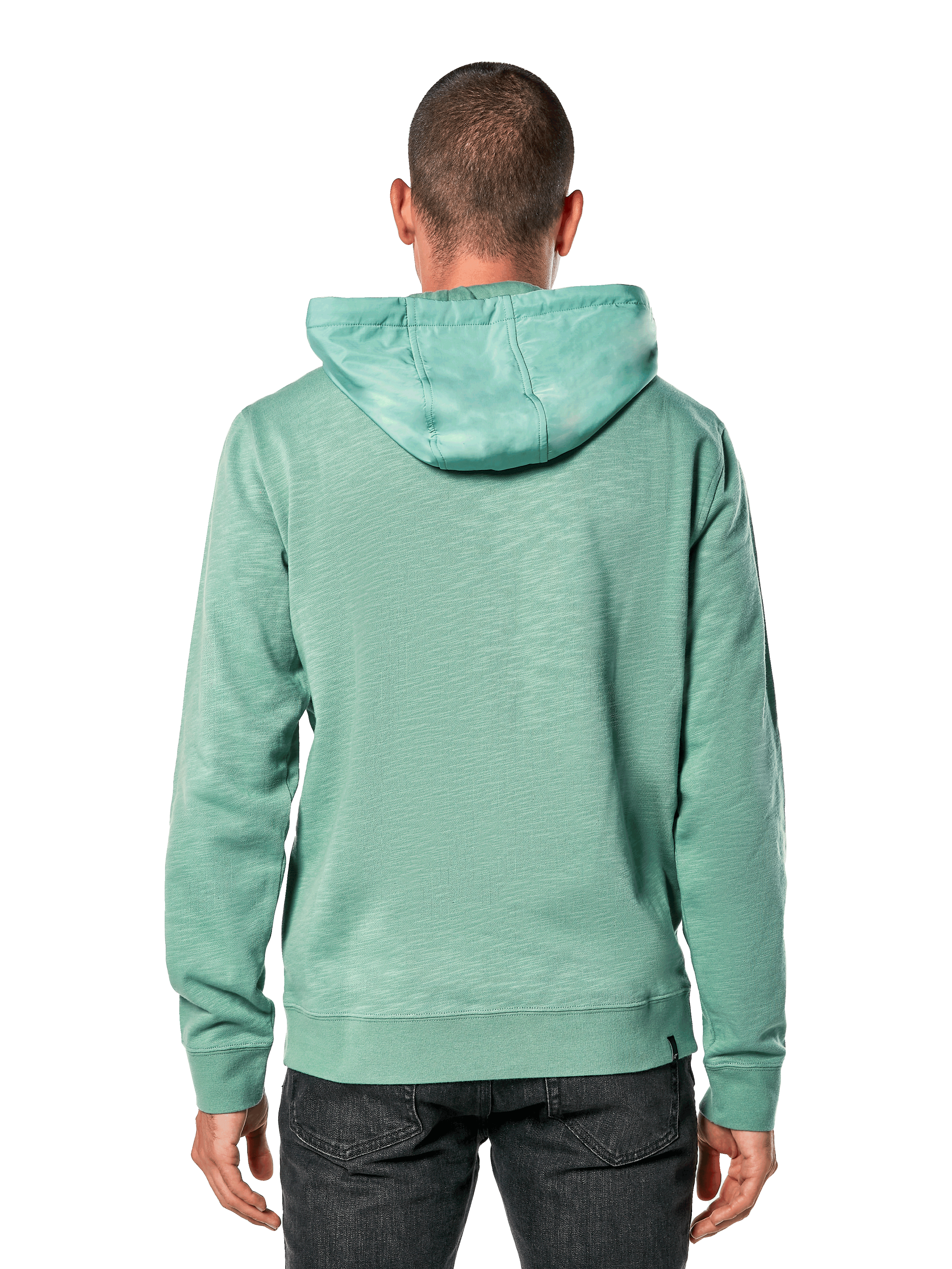 Felpa con cappuccio Alpinestars Rooted, verde, vista posteriore di un uomo che indossa una felpa casual in terry francese slub, con cappuccio sovrapposto, polsini e orlo a costine, design sportivo moderno