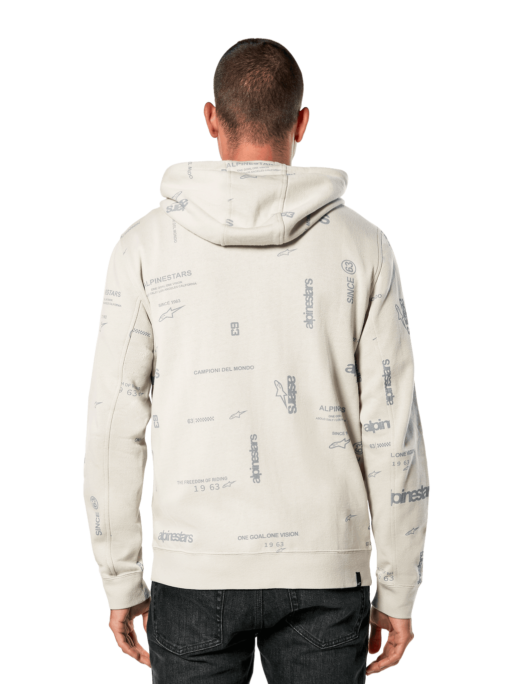 Felpa con cappuccio Alpinestars Plenitude, vista posteriore, bianco sporco con stampa integrale grigia di slogan e loghi del marchio, abbigliamento sportivo casual, polsini e orlo a costine, felpa per l'uso quotidiano